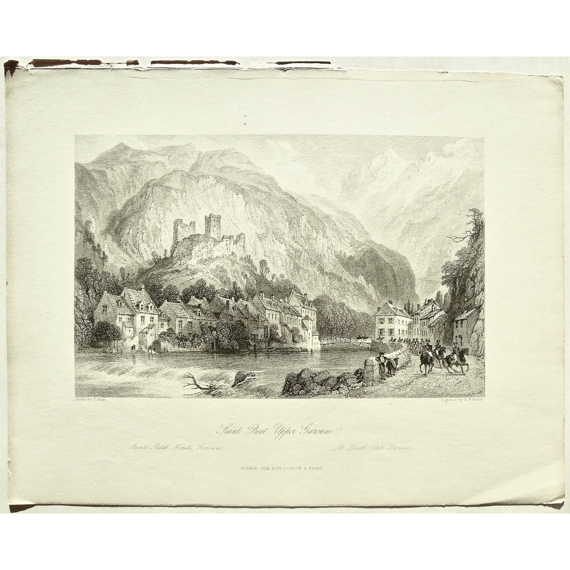 France, France Illustrated, France Illustrated, Exhibiting its Landscape Scenery, Antiquities, Military and Ecclesiastical Architecture, Thomas Allom, Allom, Fisher, Son & Co., London, Paris, Reverend George Newenham, Newenham, Caxton Press, Angel St., Martin's-Le-Grand, Mandeville, Neuve Vivienne, 1845, Saint Beat, Upper Garenne, falls, Soldiers, Cavalry, Horseback, soldier, parading, horses, bridge, wooden bridge, Pyrenees, Mountains, antique Prints, Antique, Print, vintage, Rare Book, Original, Engraving