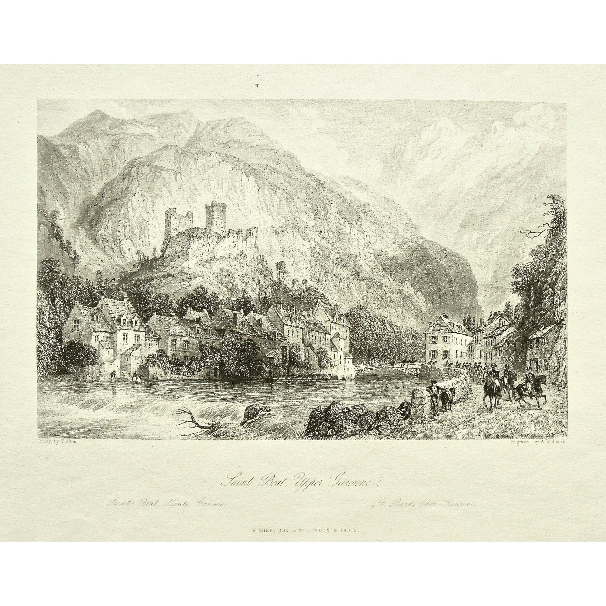 France, France Illustrated, France Illustrated, Exhibiting its Landscape Scenery, Antiquities, Military and Ecclesiastical Architecture, Thomas Allom, Allom, Fisher, Son & Co., London, Paris, Reverend George Newenham, Newenham, Caxton Press, Angel St., Martin's-Le-Grand, Mandeville, Neuve Vivienne, 1845, Saint Beat, Upper Garenne, falls, Soldiers, Cavalry, Horseback, soldier, parading, horses, bridge, wooden bridge, Pyrenees, Mountains, antique Prints, Antique, Print, vintage, Rare Book, Original, Engraving