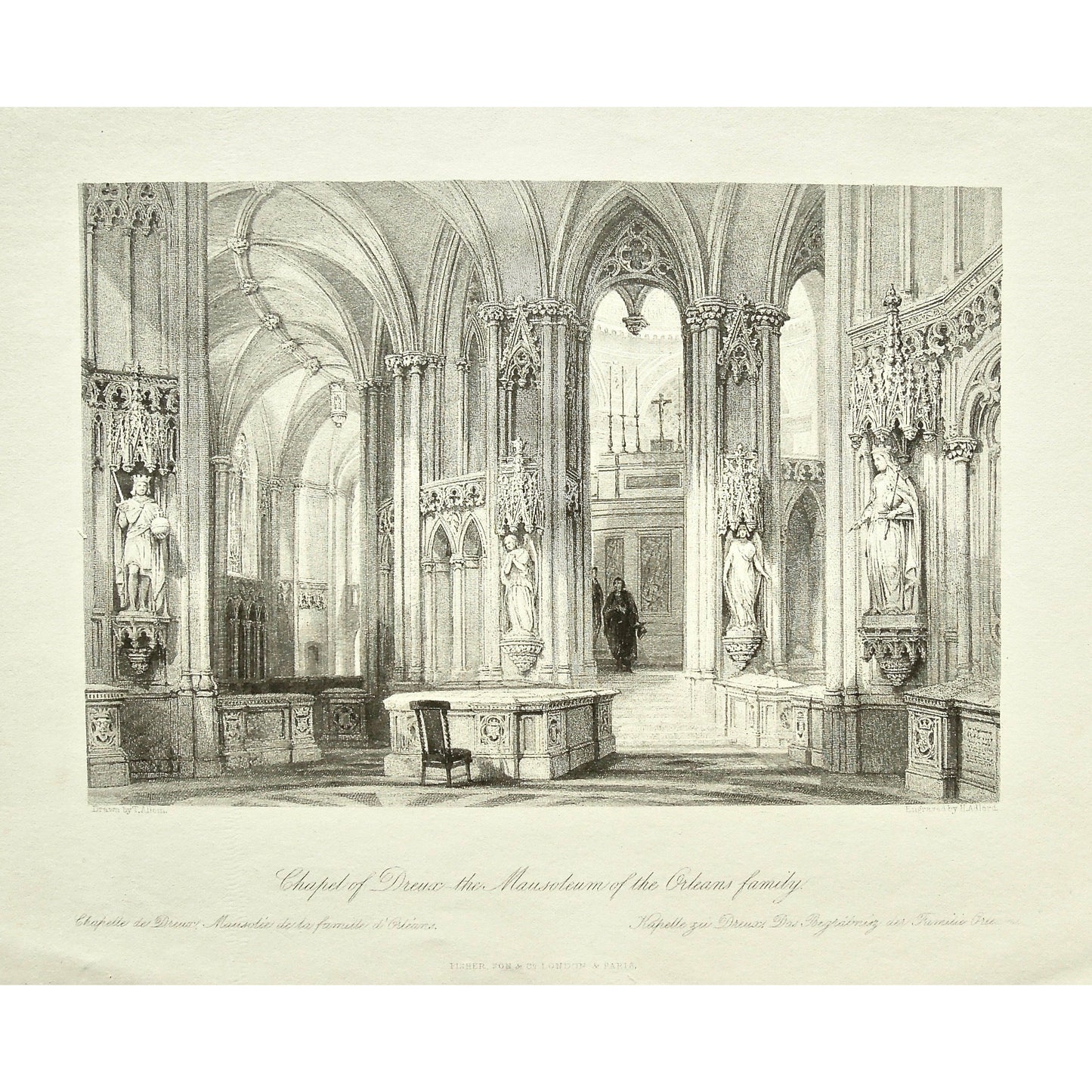 France, France Illustrated, Exhibiting its Landscape Scenery, Antiquities, Military and Ecclesiastical Architecture, Drawings, Thomas Allom, Esq., Allom, Descriptions by The Rev. G. N. Wright, M. A. Vol. III., London, Paris, Reverend George Newenham, Newenham, Caxton Press, Angel St., Martin's-Le-Grand, Mandeville, Neuve Vivienne, 1846, Chapel, Chapel of Dreux, Dreux, Mausoleum, Mausoleum of the Orleans Family, Orleans, Orleans family, Arched Ceilings, Interiors, Architecture, Statues, Religious art, Prints