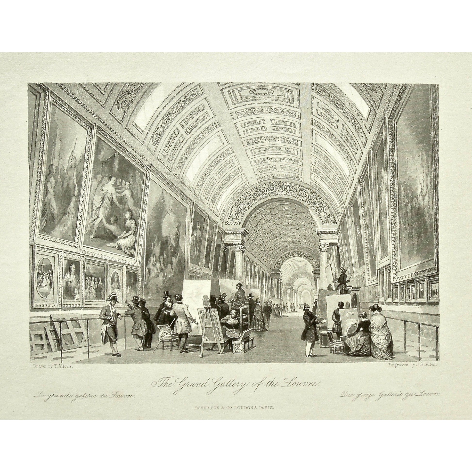 France, France Illustrated, Exhibiting its Landscape Scenery, Antiquities, Military and Ecclesiastical Architecture, Drawings, Thomas Allom, Esq., Allom, Descriptions by The Rev. G. N. Wright, M. A. Vol. III., London, Paris, Reverend George Newenham, Newenham, Caxton Press, Angel St., Martin's-Le-Grand, Mandeville, Neuve Vivienne, 1846, Grand Gallery of the Louvre, Grand Gallery, Gallery, Louvre, Louvre Gallery, Louvre Museum, Paintings, Painting, Painters, Ornate Ceiling, Arched ceiling, Costume, dress, ar