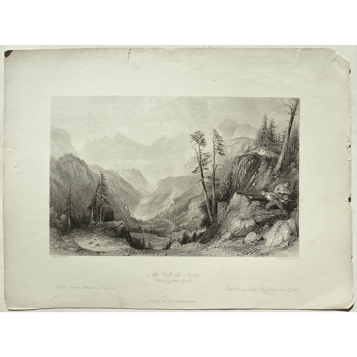 France, France Illustrated, Exhibiting its Landscape Scenery, Antiquities, Military and Ecclesiastical Architecture, Drawings, Thomas Allom, Esq., Allom, Descriptions by The Rev. G. N. Wright, M. A. Vol. III., London, Paris, Reverend George Newenham, Newenham, Caxton Press, Angel St., Martin's-Le-Grand, Mandeville, Neuve Vivienne, 1846, Col de Tortes, Valley, Pyrenees, Pyrenees Mountains, Mountains, Mountain range, hunting, antique, Prints, Antique prints, vintage, rare, original, Collectors, Rare book, art