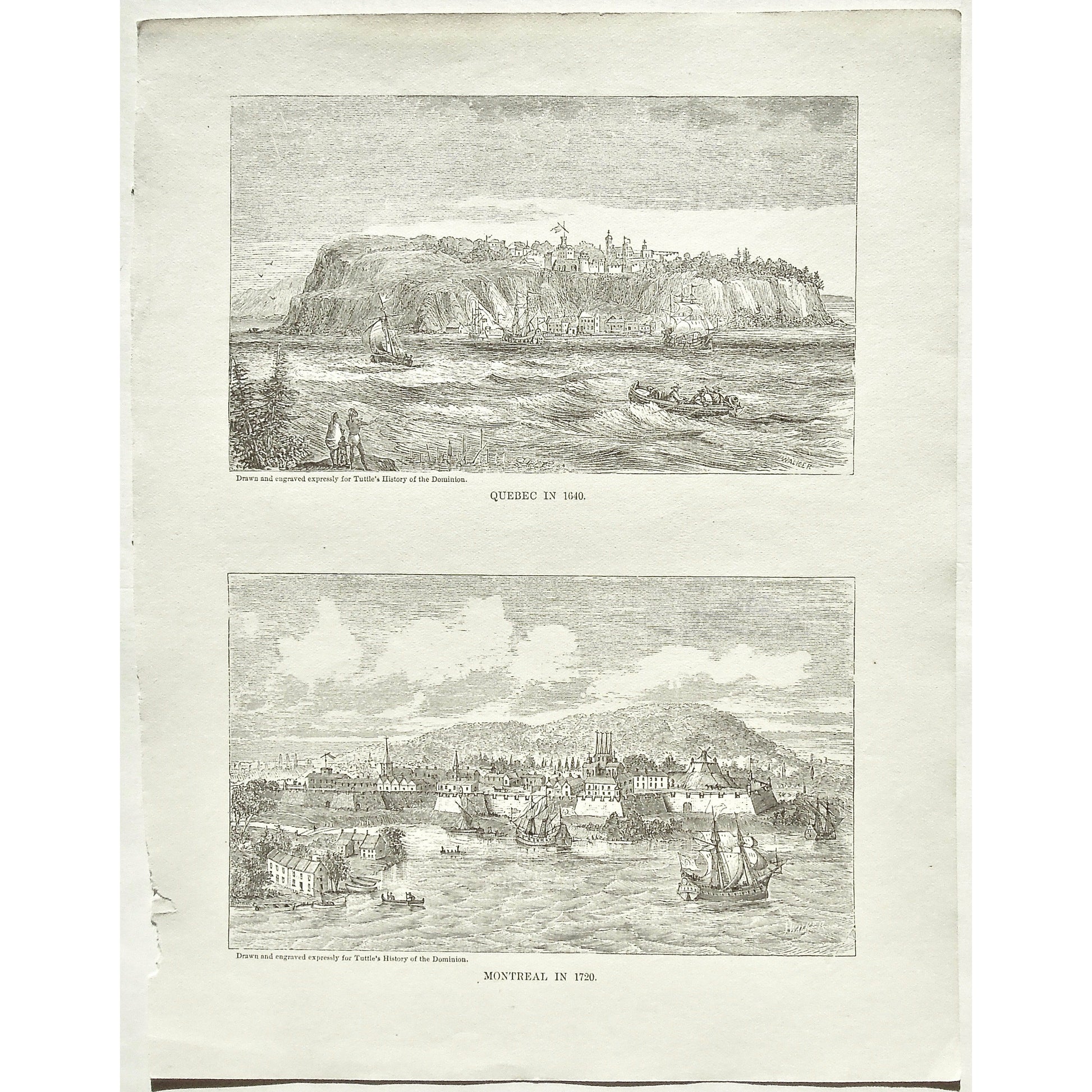 Quebec, 1640, Montreal, 1720, Ships, Boats, Sailing, Rowing, Canoes, Buildings, from the water, Town, Tuttle, Charles Tuttle, History of the Dominion, Popular History of the Dominion, Downie, Bigney, History, Dominion, Canada, Canadian History, Antique, Antique Print, Steel Engraving, Engraving, Prints, Printmaking, Original, Rare prints, rare books, Wall decor, Home decor, office art, Unique, 1877, Old prints, historical prints, Canadian prints, Art History, History of Art, City View, Shipping, Interiors,