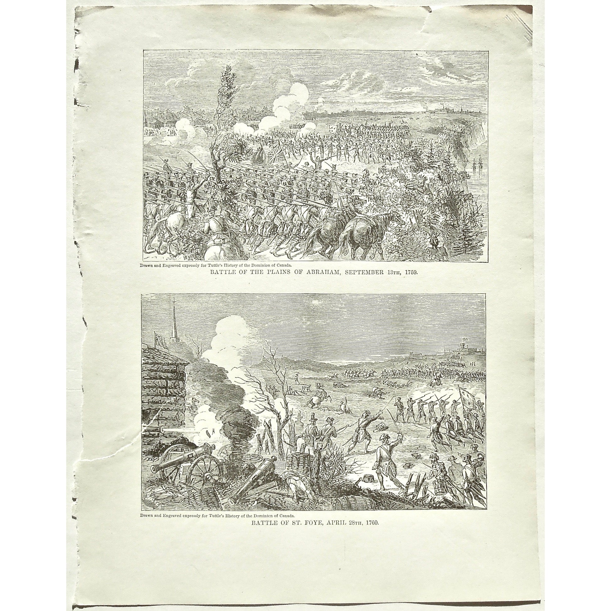 Battle of the Plains of Abraham, Battle, Plains of Abraham, Battles, September 13th, 1759, Battle of St. Foye, St. Foye, April 28th, 1760, Soldiers, Troops, Cavalry, Weapons, Guns, War, Army, Battle Formation, Canon, Drummer, Flag, Union Jack, British Flag, British Troops, English Flag, English Troops, Tuttle, Charles Tuttle, History of the Dominion, Popular History of the Dominion, Downie, Bigney, History, Dominion, Canada, Canadian History, Antique, Antique Print, Steel Engraving, Engraving, Prints, 1877,