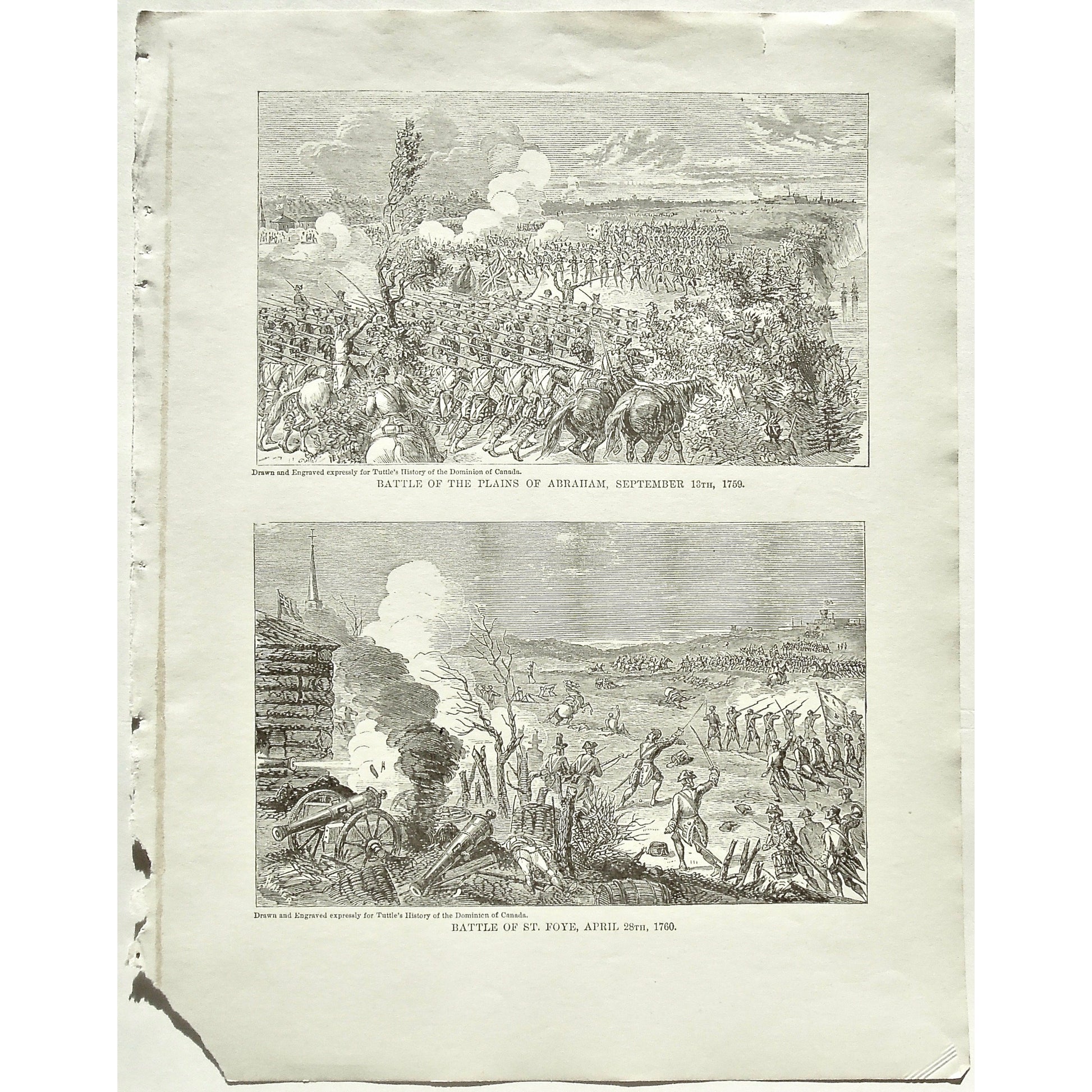 Battle of the Plains of Abraham, Battle, Plains of Abraham, Battles, September 13th, 1759, Battle of St. Foye, St. Foye, April 28th, 1760, Soldiers, Troops, Cavalry, Weapons, Guns, War, Army, Battle Formation, Canon, Drummer, Flag, Union Jack, British Flag, British Troops, English Flag, English Troops, Tuttle, Charles Tuttle, History of the Dominion, Popular History of the Dominion, Downie, Bigney, History, Dominion, Canada, Canadian History, Antique, Antique Print, Steel Engraving, Engraving, Prints, Print