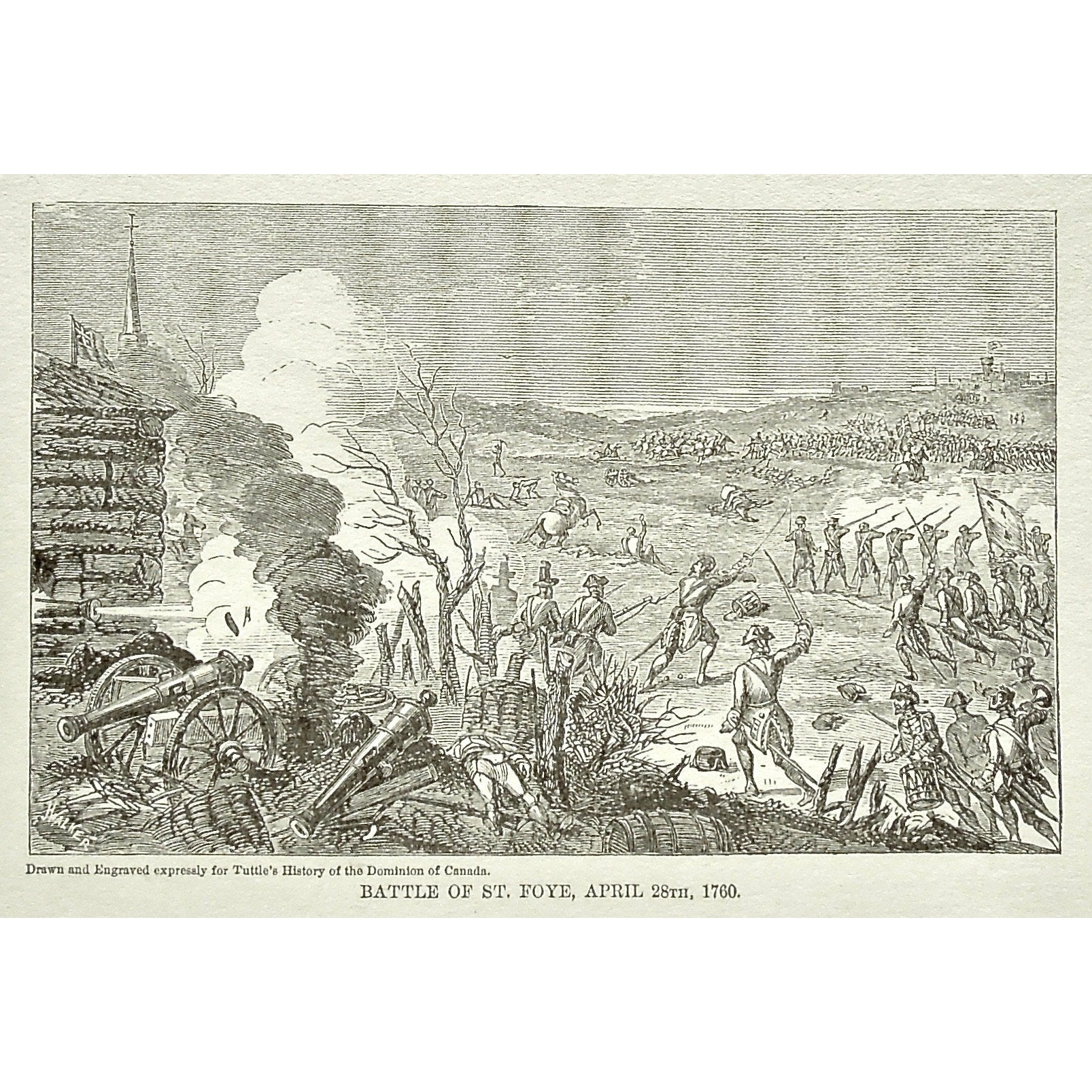 Battle of St. Foye, St. Foye, April 28th, 1760, Soldiers, Troops, Cavalry, Weapons, Guns, War, Army, Battle Formation, Canon, Drummer, Flag, Union Jack, British Flag, British Troops, English Flag, English Troops, Tuttle, Charles Tuttle, History of the Dominion, Popular History of the Dominion, Downie, Bigney, History, Dominion, Canada, Canadian History, Antique, Antique Print, Steel Engraving, Engraving, Prints, Printmaking, Original, Rare prints, rare books, Wall decor, Home decor, office art, Unique, 1877