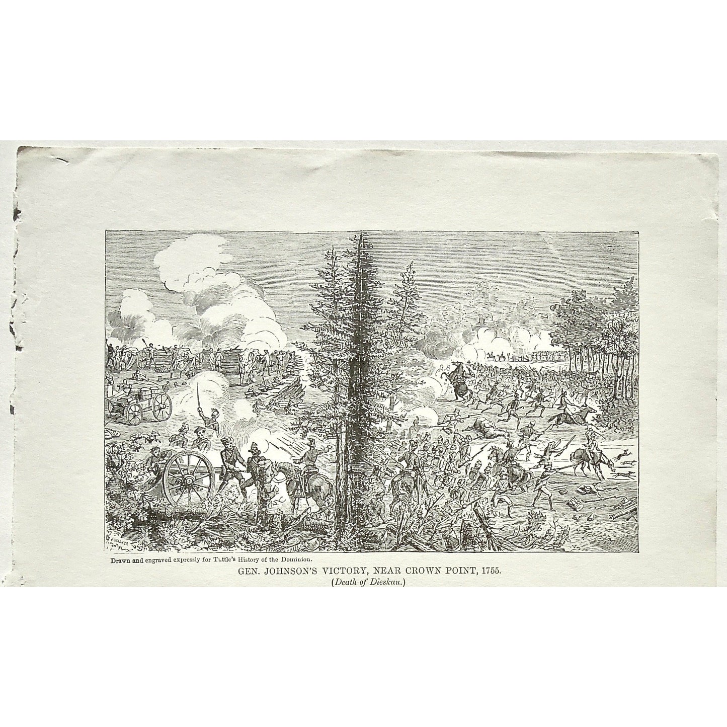 Gen. Johnson's Victory, Near Crown Point, 1755, Death of Dieskau., General Johnson, Death, Dieskau, Battle, Battles, Soldiers, Troops, Cavalry, Weapons, Guns, War, Army, Canons, Swords, Tuttle, Charles Tuttle, History of the Dominion, Popular History of the Dominion, Downie, Bigney, History, Dominion, Canada, Canadian History, Antique, Antique Print, Steel Engraving, Engraving, Prints, Printmaking, Original, Rare prints, rare books, Wall decor, Home decor, office art, Unique, 1877, Old prints, Historical,