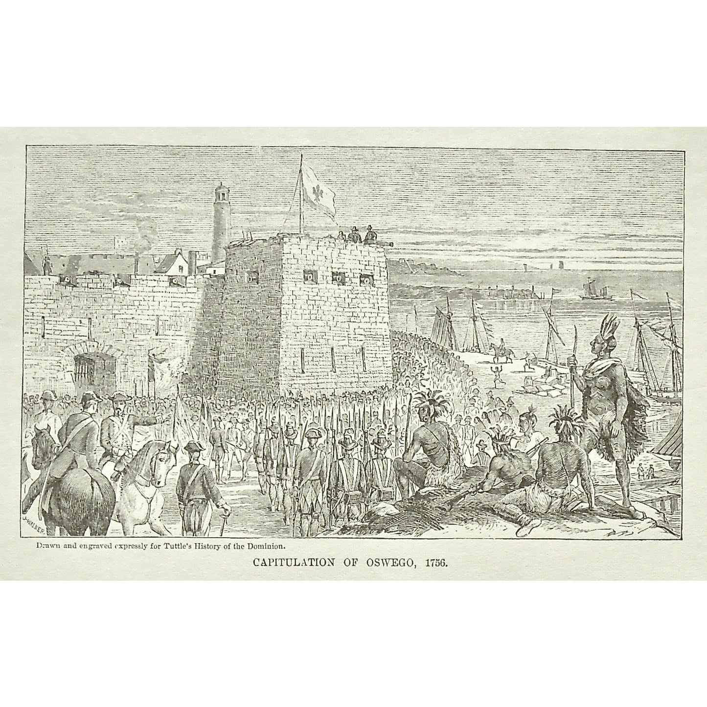 Capitulation of Oswego, 1756, Capitulation, Oswego, Fort, Natives, Soldiers, Troops, Cavalry, Weapons, Guns, War, Army, Formation, Flag, Tuttle, Charles Tuttle, History of the Dominion, Popular History of the Dominion, Downie, Bigney, History, Dominion, Canada, Canadian History, Antique, Antique Print, Steel Engraving, Engraving, Prints, Printmaking, Original, Rare prints, rare books, Wall decor, Home decor, office art, Unique, 1877, Antique prints, Prints, Antique, Printmaking, engraving, old prints, art