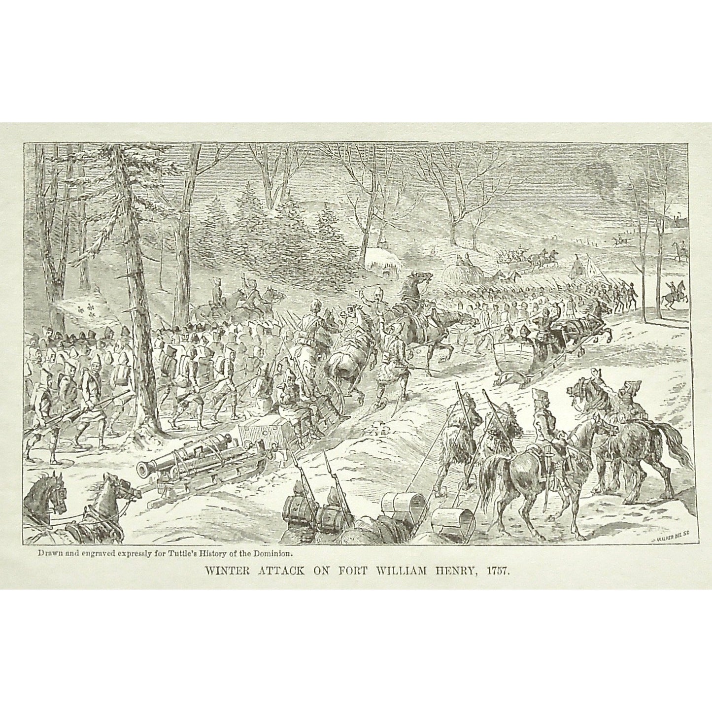 Winter Attack on Fort William Henry, Winter Attack, Winter, Snow, Attack, Fort William Henry, 1757, Fort, Soldiers, Troops, Horses, Cavalry, Weapons, Guns, War, Army, Formation, Canons, Swords, Sleds, Sleigh, Sleighs, Flag, Tuttle, Charles Tuttle, History of the Dominion, Popular History of the Dominion, Downie, Bigney, History, Dominion, Canada, Canadian History, Antique, Antique Print, Steel Engraving, Engraving, Prints, Printmaking, Original, Rare prints, rare books, Wall decor, Home decor, office art, 