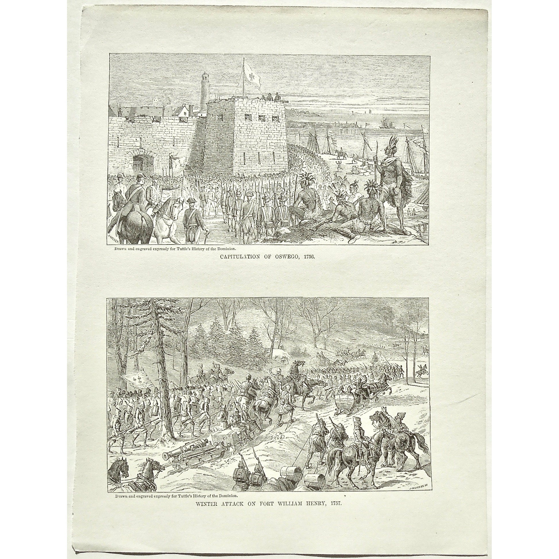 Capitulation of Oswego, 1756, Capitulation, Oswego, Winter Attack on Fort William Henry, Winter Attack, Attack, Fort William Henry, 1757, Fort, Natives, Soldiers, Troops, Cavalry, Weapons, Guns, War, Army, Formation, Canons, Swords, Sleds, Sleigh, Sleighs, Flag, Tuttle, Charles Tuttle, History of the Dominion, Popular History of the Dominion, Downie, Bigney, History, Dominion, Canada, Canadian History, Antique, Antique Print, Steel Engraving, Engraving, Prints, Printmaking, Original, Rare prints, rare books