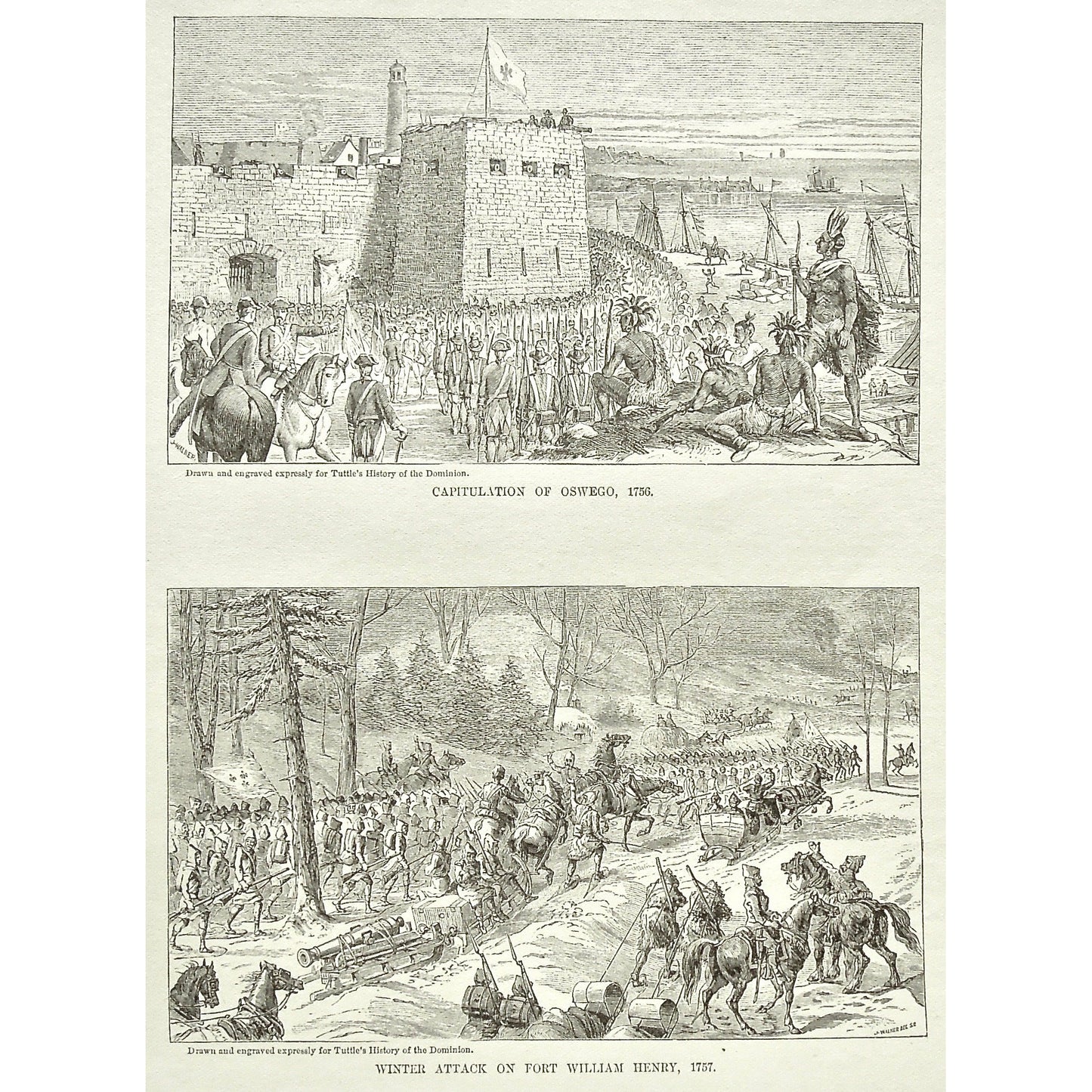 Capitulation of Oswego, 1756, Capitulation, Oswego, Winter Attack on Fort William Henry, Winter Attack, Attack, Fort William Henry, 1757, Fort, Natives, Soldiers, Troops, Cavalry, Weapons, Guns, War, Army, Formation, Canons, Swords, Sleds, Sleigh, Sleighs, Flag, Tuttle, Charles Tuttle, History of the Dominion, Popular History of the Dominion, Downie, Bigney, History, Dominion, Canada, Canadian History, Antique, Antique Print, Steel Engraving, Engraving, Prints, Printmaking, Original, Rare prints, rare books