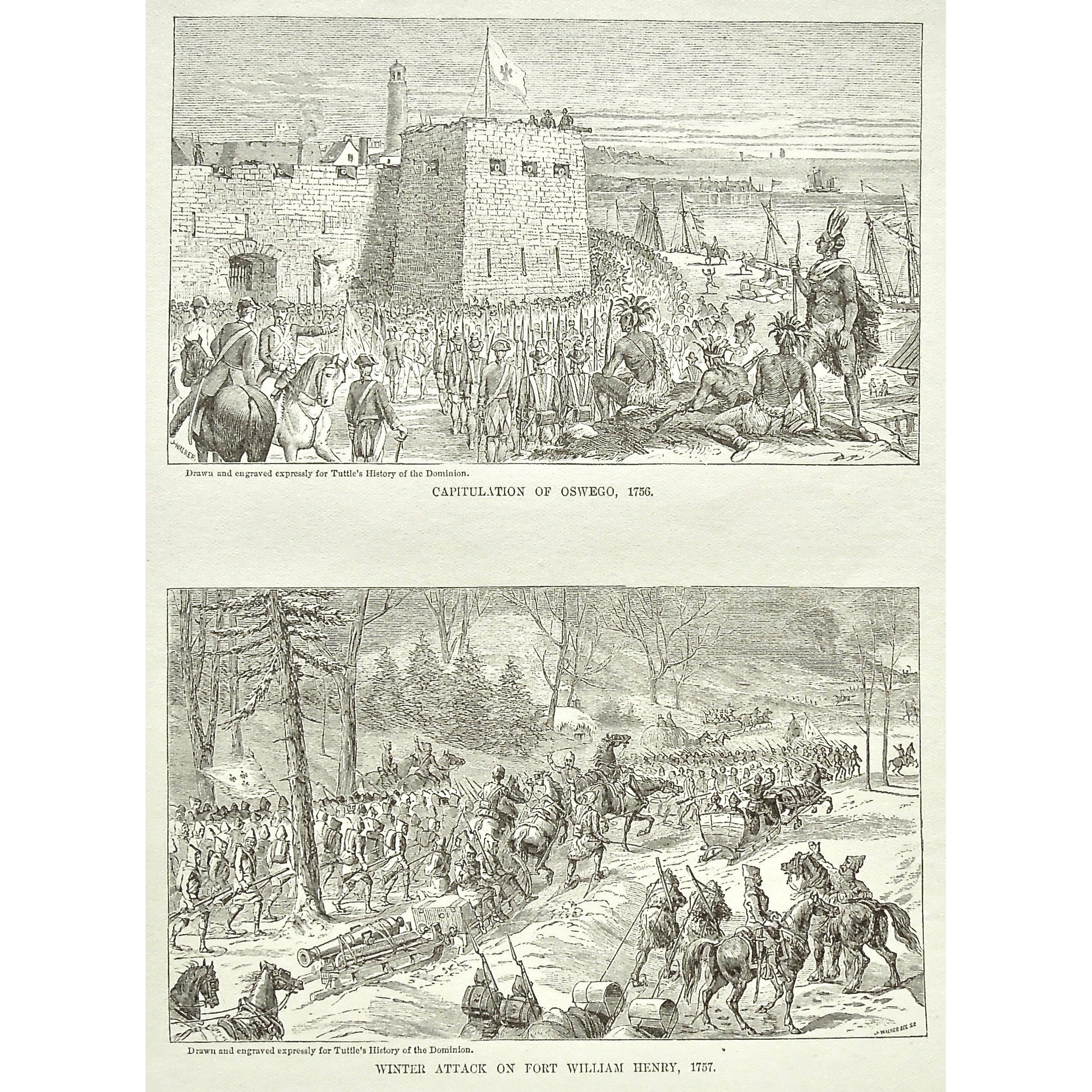 Capitulation of Oswego, 1756, Capitulation, Oswego, Winter Attack on Fort William Henry, Winter Attack, Attack, Fort William Henry, 1757, Fort, Natives, Soldiers, Troops, Cavalry, Weapons, Guns, War, Army, Formation, Canons, Swords, Sleds, Sleigh, Sleighs, Flag, Tuttle, Charles Tuttle, History of the Dominion, Popular History of the Dominion, Downie, Bigney, History, Dominion, Canada, Canadian History, Antique, Antique Print, Steel Engraving, Engraving, Prints, Printmaking, Original, Rare prints, rare books