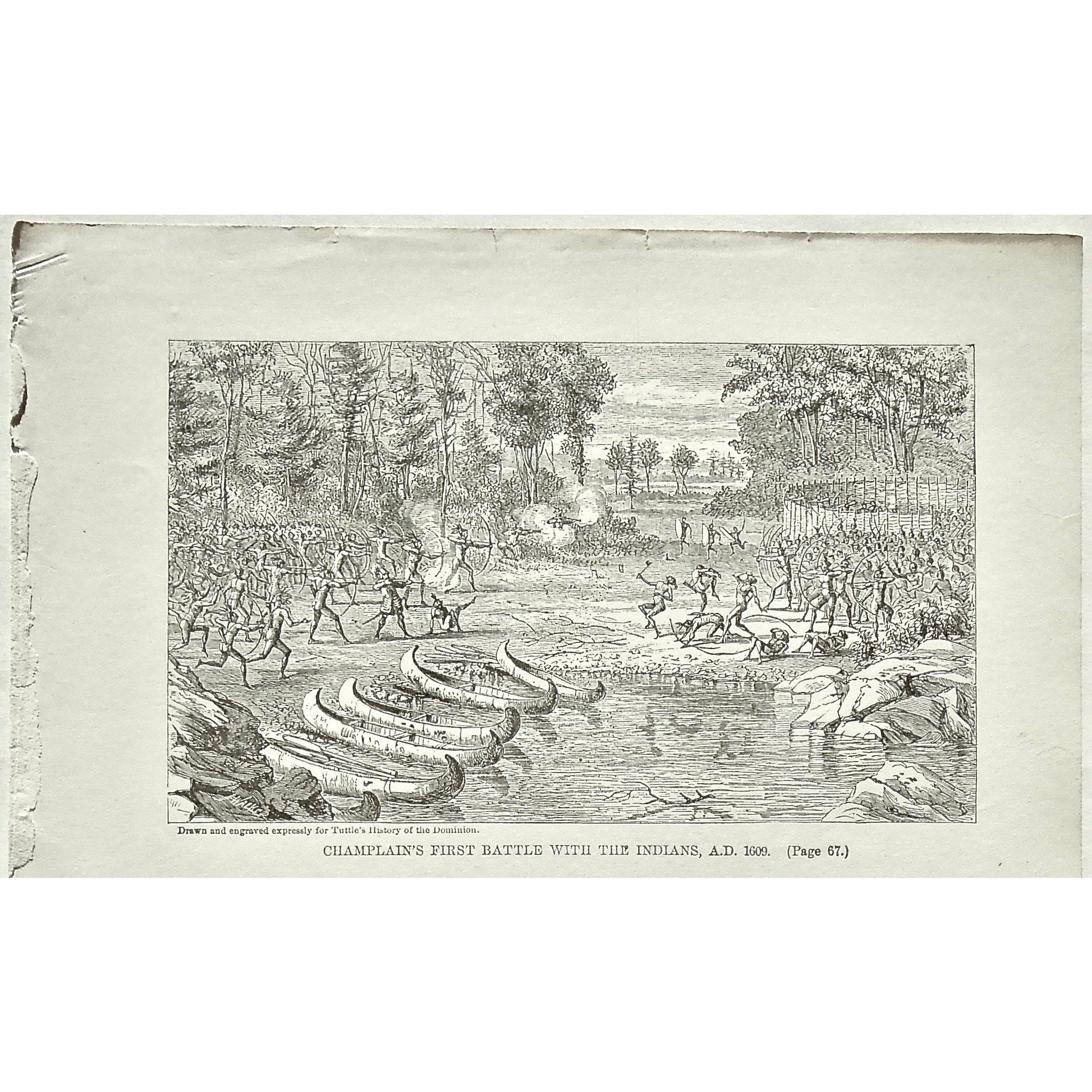 Champlain's First Battle with the Indians, 1609, Champlain, Battle with the Indians, Battle, Indians, Native, Natives, Battles, Canoes, Boats, Soldiers, Troops, Bow and Arrow, Bows and Arrows, Weapons, Guns, War, Army, Formation, Charles Tuttle, History of the Dominion, Popular History of the Dominion, Downie, Bigney, History, Dominion, Canada, Canadian History, Antique, Antique Print, Steel Engraving, Engraving, Prints, Printmaking, Original, Rare prints, rare books, Wall decor, Home decor, office art, art