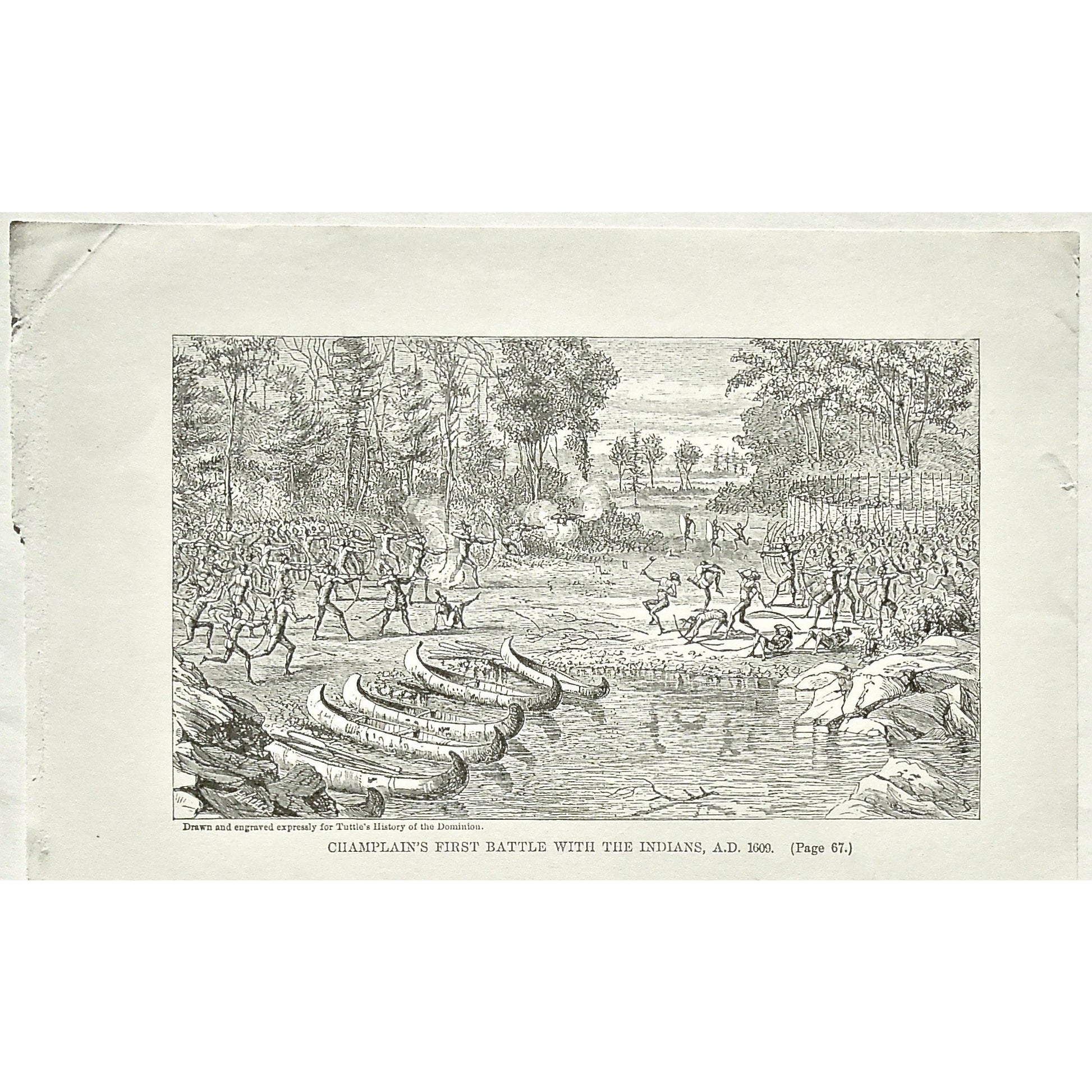 Champlain's First Battle with the Indians, 1609, Champlain, Battle with the Indians, Battle, Indians, Native, Natives, Battles, Canoes, Boats, Soldiers, Troops, Bow and Arrow, Bows and Arrows, Weapons, Guns, War, Army, Formation, Charles Tuttle, History of the Dominion, Popular History of the Dominion, Downie, Bigney, History, Dominion, Canada, Canadian History, Antique, Antique Print, Steel Engraving, Engraving, Prints, Printmaking, Original, Rare prints, rare books, Wall decor, Home decor, office art, art