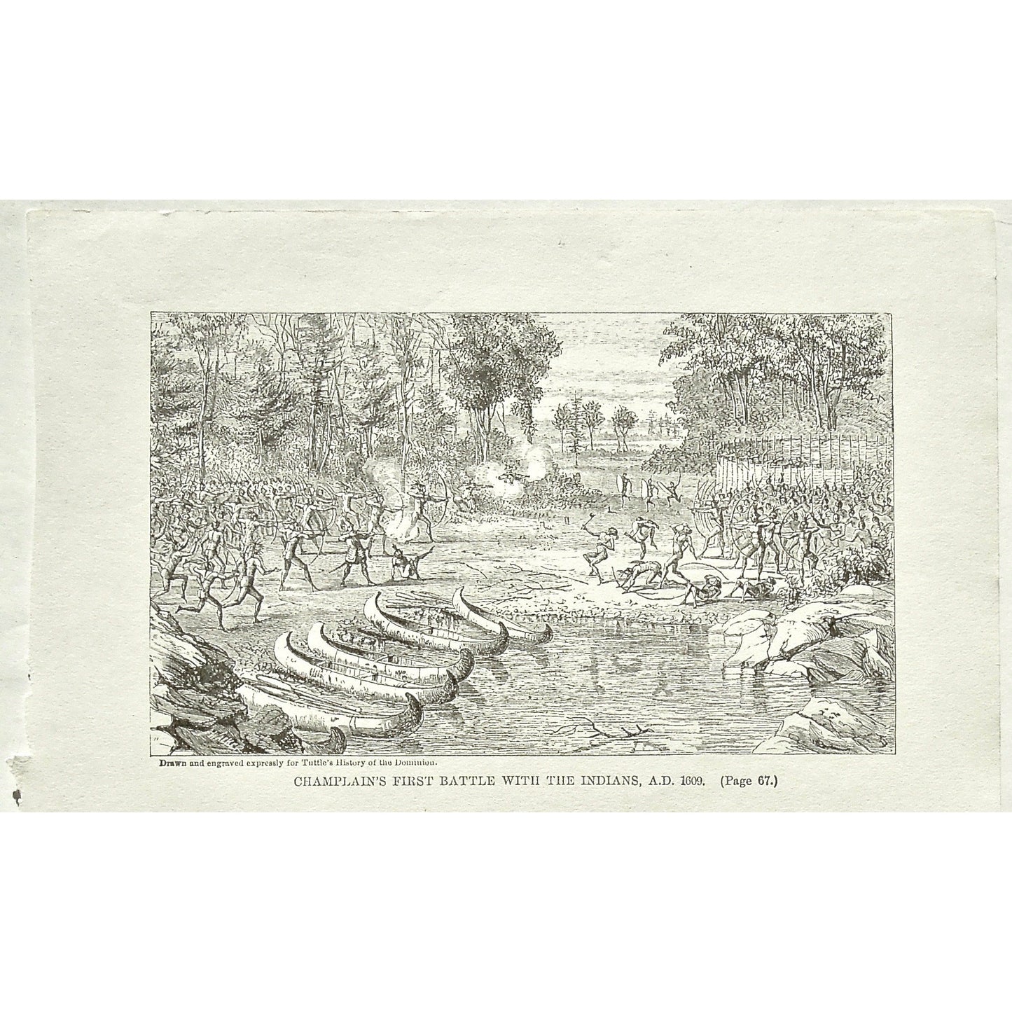 Champlain's First Battle with the Indians, 1609, Champlain, Battle with the Indians, Battle, Indians, Native, Natives, Battles, Canoes, Boats, Soldiers, Troops, Bow and Arrow, Bows and Arrows, Weapons, Guns, War, Army, Formation, Charles Tuttle, History of the Dominion, Popular History of the Dominion, Downie, Bigney, History, Dominion, Canada, Canadian History, Antique, Antique Print, Steel Engraving, Engraving, Prints, Printmaking, Original, Rare prints, rare books, Wall decor, Home decor, office art, art