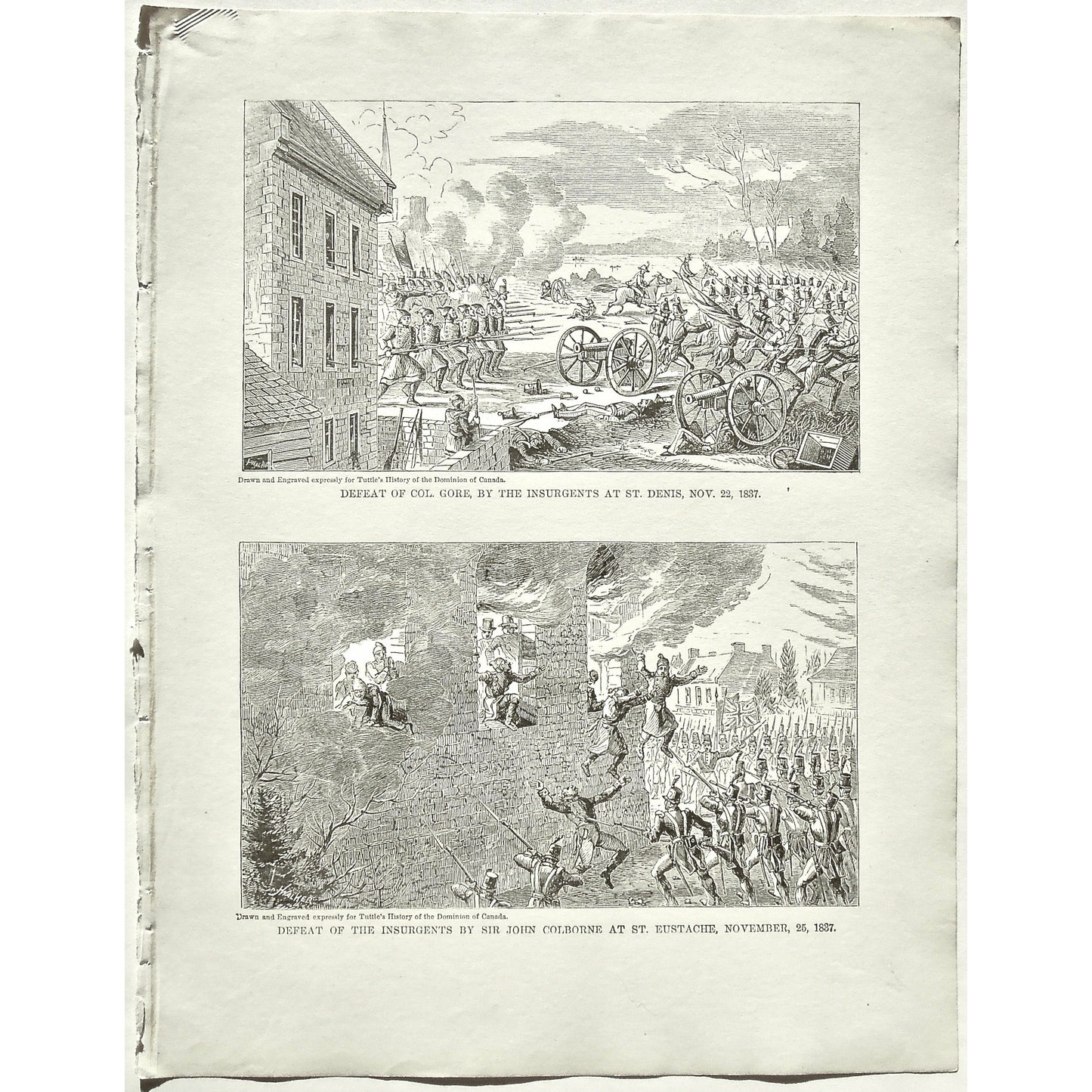 Defeat of Col. Gore, by the Insurgents at St. Denis, Nov. 22, 1837, Defeat, Col. Gore, Colonel Gore, Insurgents, St. Denis, Defeat of the Insurgents by Sir John Colborne at St. Eustache, November, 25, Sir John Colborne, Sir Colborne, St. Eustache, Canada, Weapons, Guns, War, Army, Formation, Canons, Burning, Tuttle, Charles Tuttle, History of the Dominion, Popular History of the Dominion, Downie, Bigney, History, Dominion, Canada, Canadian History, Antique, Antique Print, Steel Engraving, Engraving, Prints,