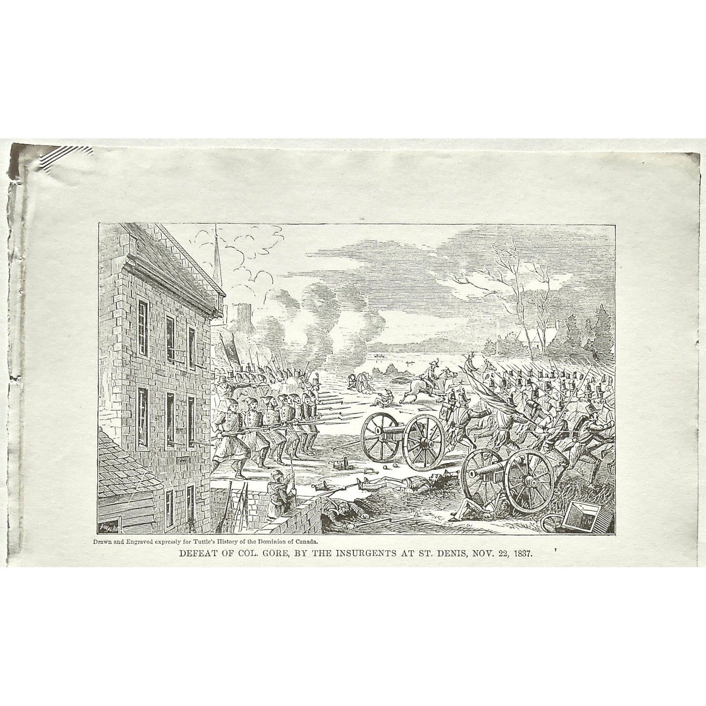 Defeat, 1837, Insurgents, Defeat of the Insurgents by Sir John Colborne at St. Eustache, November, 25, Sir John Colborne, Sir Colborne, St. Eustache, Canada, Weapons, Guns, War, Army, Formation, Flag, Burning, Flames, Tuttle, Charles Tuttle, History of the Dominion, Popular History of the Dominion, Downie, Bigney, History, Dominion, Canada, Canadian History, Antique, Antique Print, Steel Engraving, Engraving, Prints, Printmaking, Original, Rare prints, rare books, Wall decor, Home decor, office art, Unique,