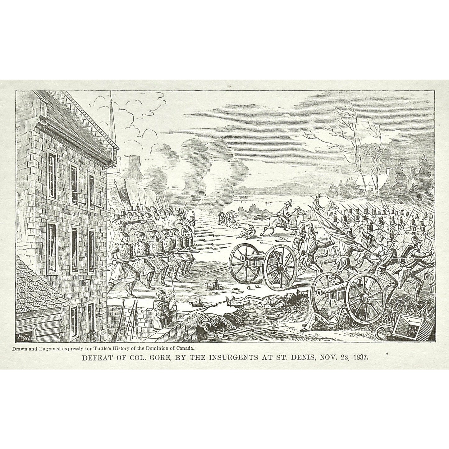 Defeat, 1837, Insurgents, Defeat of the Insurgents by Sir John Colborne at St. Eustache, November, 25, Sir John Colborne, Sir Colborne, St. Eustache, Canada, Weapons, Guns, War, Army, Formation, Flag, Burning, Flames, Tuttle, Charles Tuttle, History of the Dominion, Popular History of the Dominion, Downie, Bigney, History, Dominion, Canada, Canadian History, Antique, Antique Print, Steel Engraving, Engraving, Prints, Printmaking, Original, Rare prints, rare books, Wall decor, Home decor, office art, Unique,