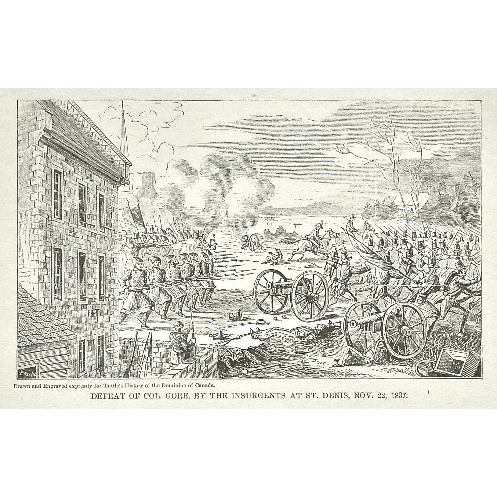 Defeat, 1837, Insurgents, Defeat of the Insurgents by Sir John Colborne at St. Eustache, November, 25, Sir John Colborne, Sir Colborne, St. Eustache, Canada, Weapons, Guns, War, Army, Formation, Flag, Burning, Flames, Tuttle, Charles Tuttle, History of the Dominion, Popular History of the Dominion, Downie, Bigney, History, Dominion, Canada, Canadian History, Antique, Antique Print, Steel Engraving, Engraving, Prints, Printmaking, Original, Rare prints, rare books, Wall decor, Home decor, office art, Unique,