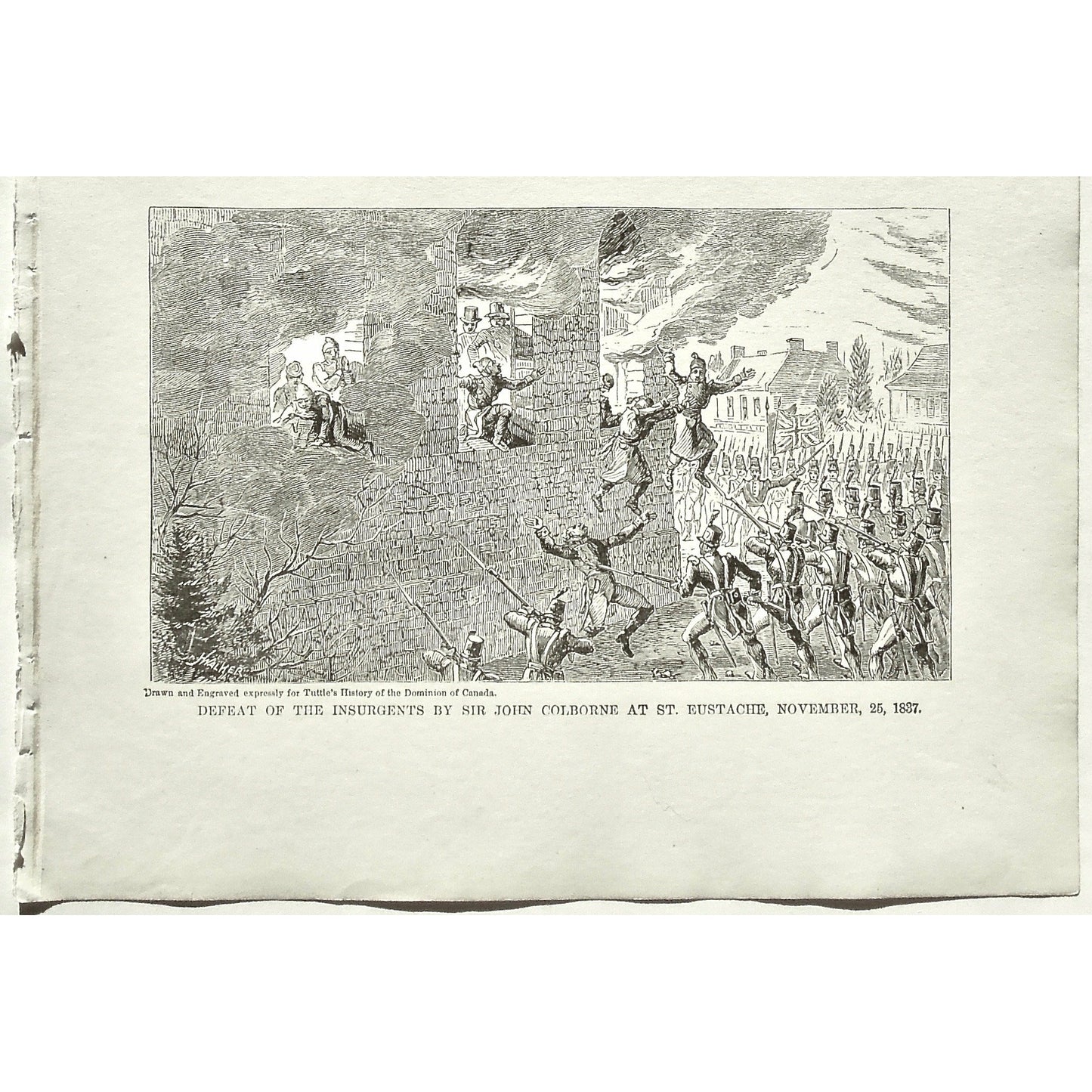 Defeat of Col. Gore, by the Insurgents at St. Denis, Nov. 22, 1837, Defeat, Col. Gore, Colonel Gore, Insurgents, St. Denis, Defeat of the Insurgents by Sir John Colborne at St. Eustache, November, 25, Sir John Colborne, Sir Colborne, St. Eustache, Canada, Weapons, Guns, War, Army, Formation, Canons, Burning, Tuttle, Charles Tuttle, History of the Dominion, Popular History of the Dominion, Downie, Bigney, History, Dominion, Canada, Canadian History, Antique, Antique Print, Steel Engraving, Engraving, Prints,