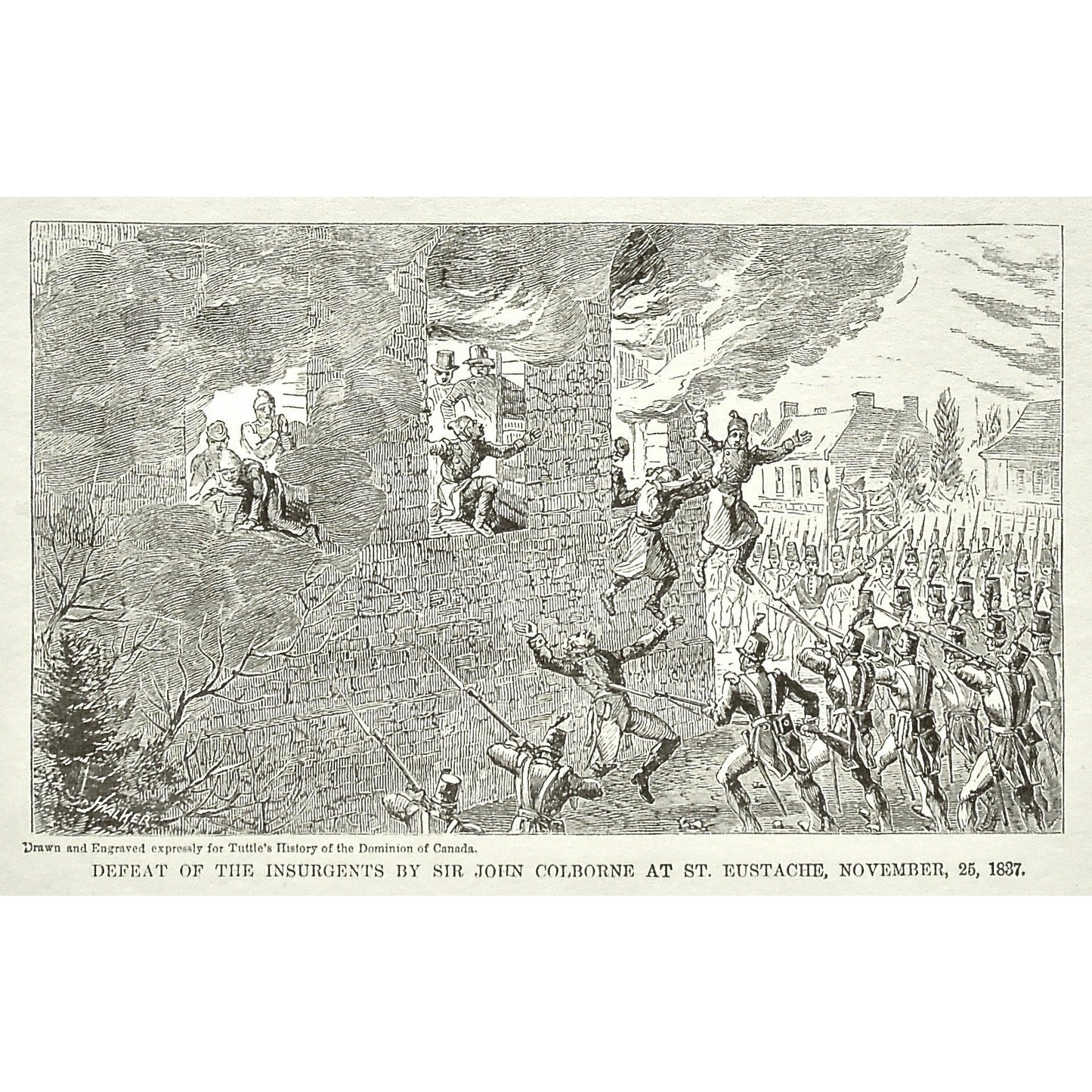 Defeat of Col. Gore, by the Insurgents at St. Denis, Nov. 22, 1837, Defeat, Col. Gore, Colonel Gore, Insurgents, St. Denis, Defeat of the Insurgents by Sir John Colborne at St. Eustache, November, 25, Sir John Colborne, Sir Colborne, St. Eustache, Canada, Weapons, Guns, War, Army, Formation, Canons, Burning, Tuttle, Charles Tuttle, History of the Dominion, Popular History of the Dominion, Downie, Bigney, History, Dominion, Canada, Canadian History, Antique, Antique Print, Steel Engraving, Engraving, Prints,