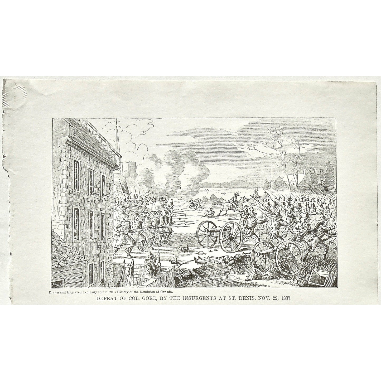 Defeat of Col. Gore, by the Insurgents at St. Denis, Nov. 22, 1837, Defeat, Col. Gore, Colonel Gore, Insurgents, St. Denis, Canada, Weapons, Guns, War, Army, Formation, Canons, Tuttle, Charles Tuttle, History of the Dominion, Popular History of the Dominion, Downie, Bigney, History, Dominion, Canada, Canadian History, Antique, Antique Print, Steel Engraving, Engraving, Prints, Printmaking, Original, Rare prints, rare books, Wall decor, Home decor, office art, Unique, 1877, Canadian History, Historical Print