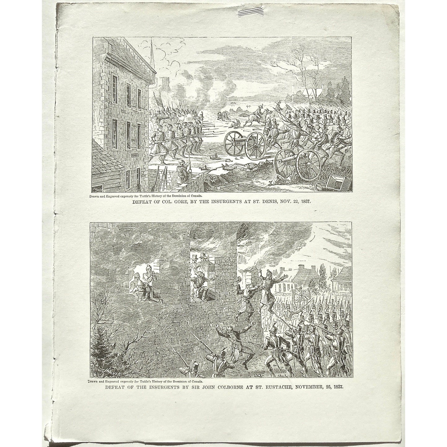 Keywords: Defeat of Col. Gore, by the Insurgents at St. Denis, Nov. 22, 1837, Defeat, Col. Gore, Colonel Gore, Insurgents, St. Denis, Defeat of the Insurgents by Sir John Colborne at St. Eustache, November, 25, Sir John Colborne, Sir Colborne, St. Eustache, Canada, Weapons, Guns, War, Army, Formation, Canons, Burning, Tuttle, Charles Tuttle, History of the Dominion, Popular History of the Dominion, Downie, Bigney, History, Dominion, Canada, Canadian History, Antique, Antique Print, Steel Engraving, prints,