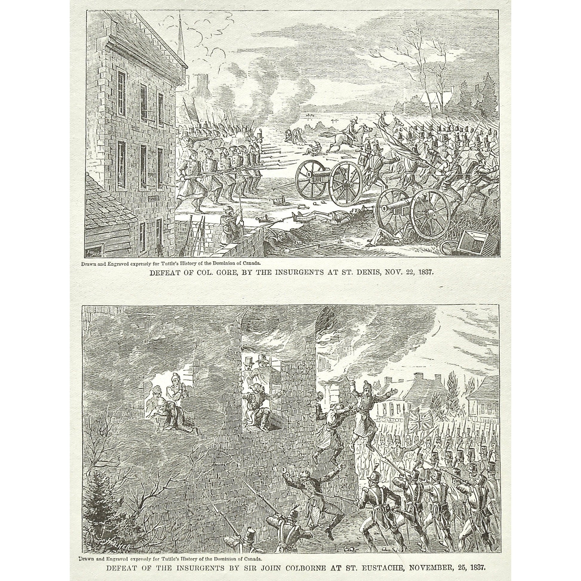 Keywords: Defeat of Col. Gore, by the Insurgents at St. Denis, Nov. 22, 1837, Defeat, Col. Gore, Colonel Gore, Insurgents, St. Denis, Defeat of the Insurgents by Sir John Colborne at St. Eustache, November, 25, Sir John Colborne, Sir Colborne, St. Eustache, Canada, Weapons, Guns, War, Army, Formation, Canons, Burning, Tuttle, Charles Tuttle, History of the Dominion, Popular History of the Dominion, Downie, Bigney, History, Dominion, Canada, Canadian History, Antique, Antique Print, Steel Engraving, prints,