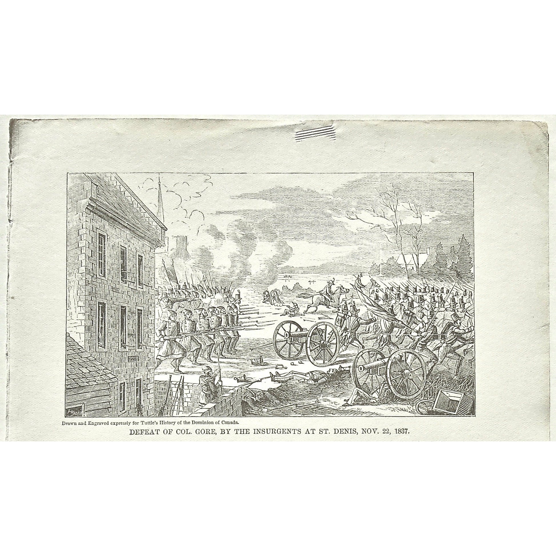 Defeat of Col. Gore, by the Insurgents at St. Denis, Nov. 22, 1837, Defeat, Col. Gore, Colonel Gore, Insurgents, St. Denis, Canada, Weapons, Guns, War, Army, Formation, Canons, Tuttle, Charles Tuttle, History of the Dominion, Popular History of the Dominion, Downie, Bigney, History, Dominion, Canada, Canadian History, Antique, Antique Print, Steel Engraving, Engraving, Prints, Printmaking, Original, Rare prints, rare books, Wall decor, Home decor, office art, Unique, 1877, Historical Prints, Historical