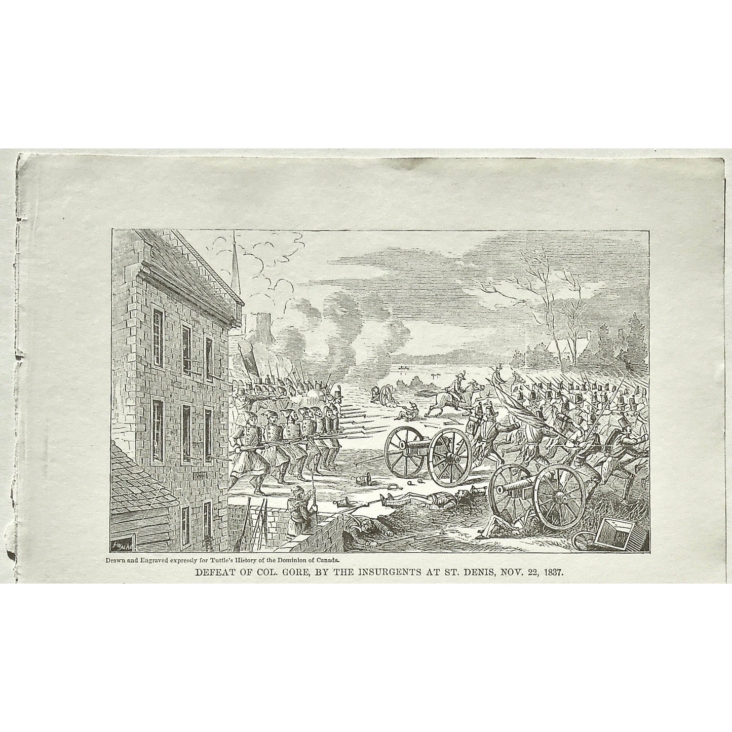 Defeat of Col. Gore, by the Insurgents at St. Denis, Nov. 22, 1837, Defeat, Col. Gore, Colonel Gore, Insurgents, St. Denis, Canada, Weapons, Guns, War, Army, Formation, Canons, Tuttle, Charles Tuttle, History of the Dominion, Popular History of the Dominion, Downie, Bigney, History, Dominion, Canada, Canadian History, Antique, Antique Print, Steel Engraving, Engraving, Prints, Printmaking, Original, Rare prints, rare books, Wall decor, Home decor, office art, Unique, 1877, Historical event, historical print