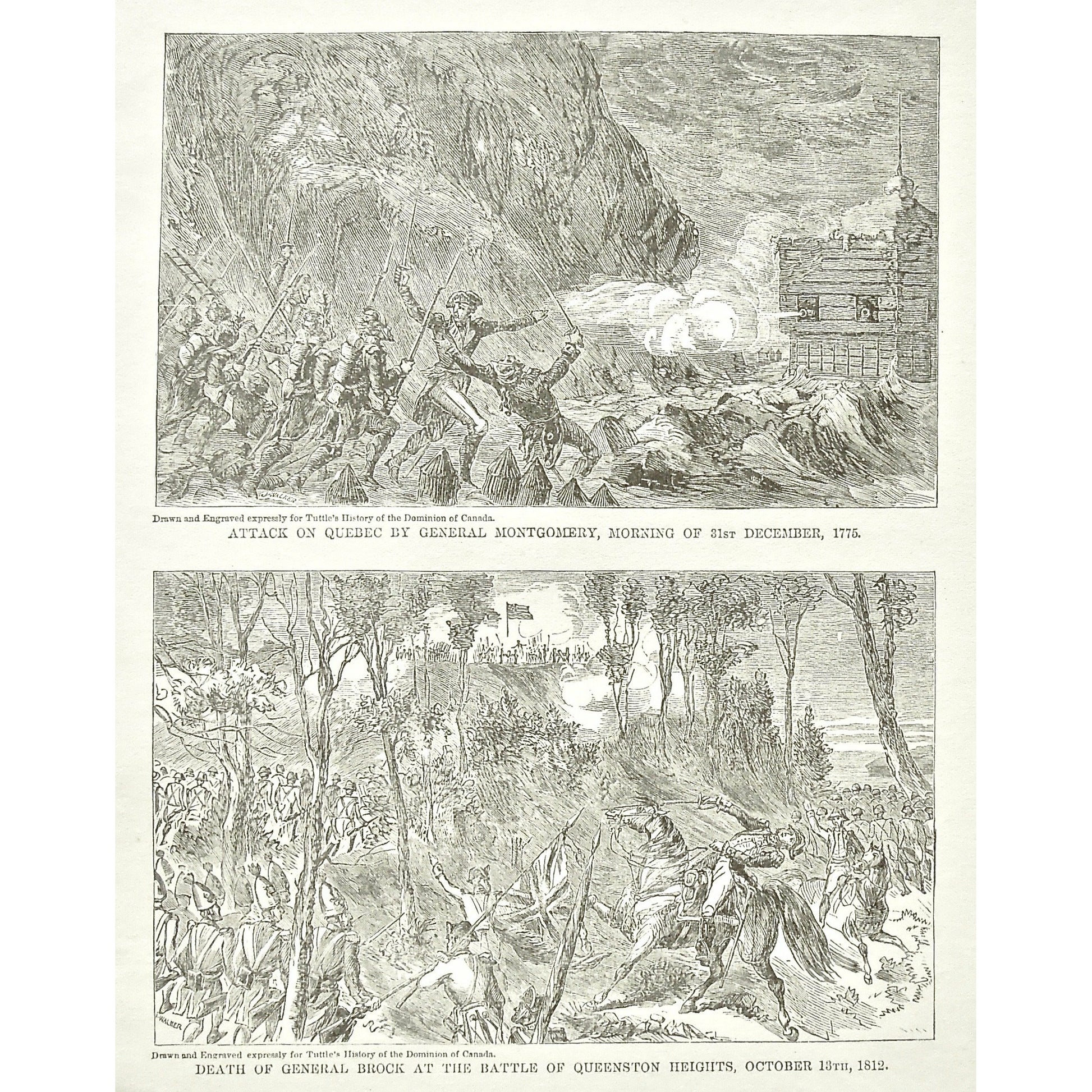 Attack on Quebec by General Montgomery, Morning of 31st December, 1775, Attack, Quebec, Gen. Montgomery, General Montgomery, December 31st, Dec. 31, Death of General Brock at the Battle of Queenstown Heights, October 13th, 1812, Death, General Brock, Gen. Brock, Battle, Battles, Battle of Queenstown Heights, Queenstown Heights, Oct. 13, War, Army, Soldiers, Troops, Battle, Battles, Fort, Weapons, Guns, Swords, Flag, British Troops, British Flag, Union Jack, English Flag, English Troops, Tuttle, Charles Tutt