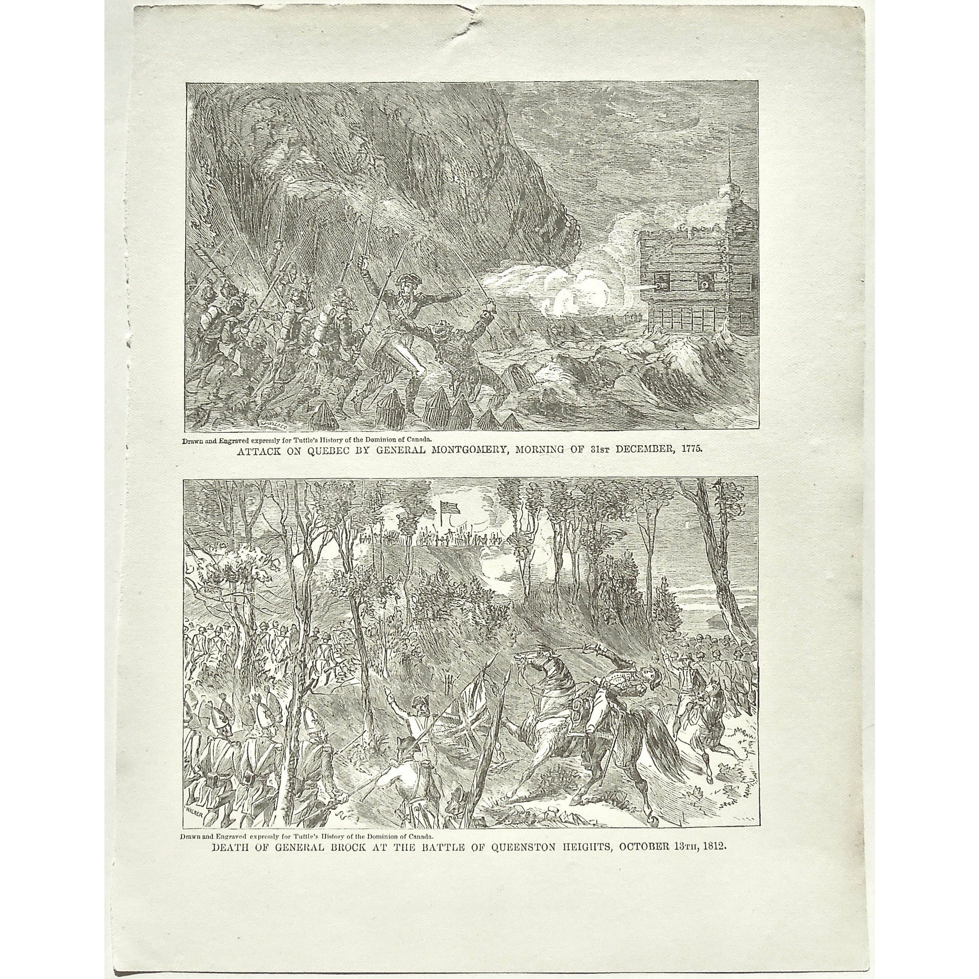 Attack on Quebec by General Montgomery, Morning of 31st December, 1775, Attack, Quebec, Gen. Montgomery, General Montgomery, December 31st, Dec. 31, Death of General Brock at the Battle of Queenstown Heights, October 13th, 1812, Death, General Brock, Gen. Brock, Battle, Battles, Battle of Queenstown Heights, Queenstown Heights, Oct. 13, War, Army, Soldiers, Troops, Battle, Battles, Fort, Weapons, Guns, Swords, Flag, British Troops, British Flag, Union Jack, English Flag, English Troops, Tuttle, Historical,