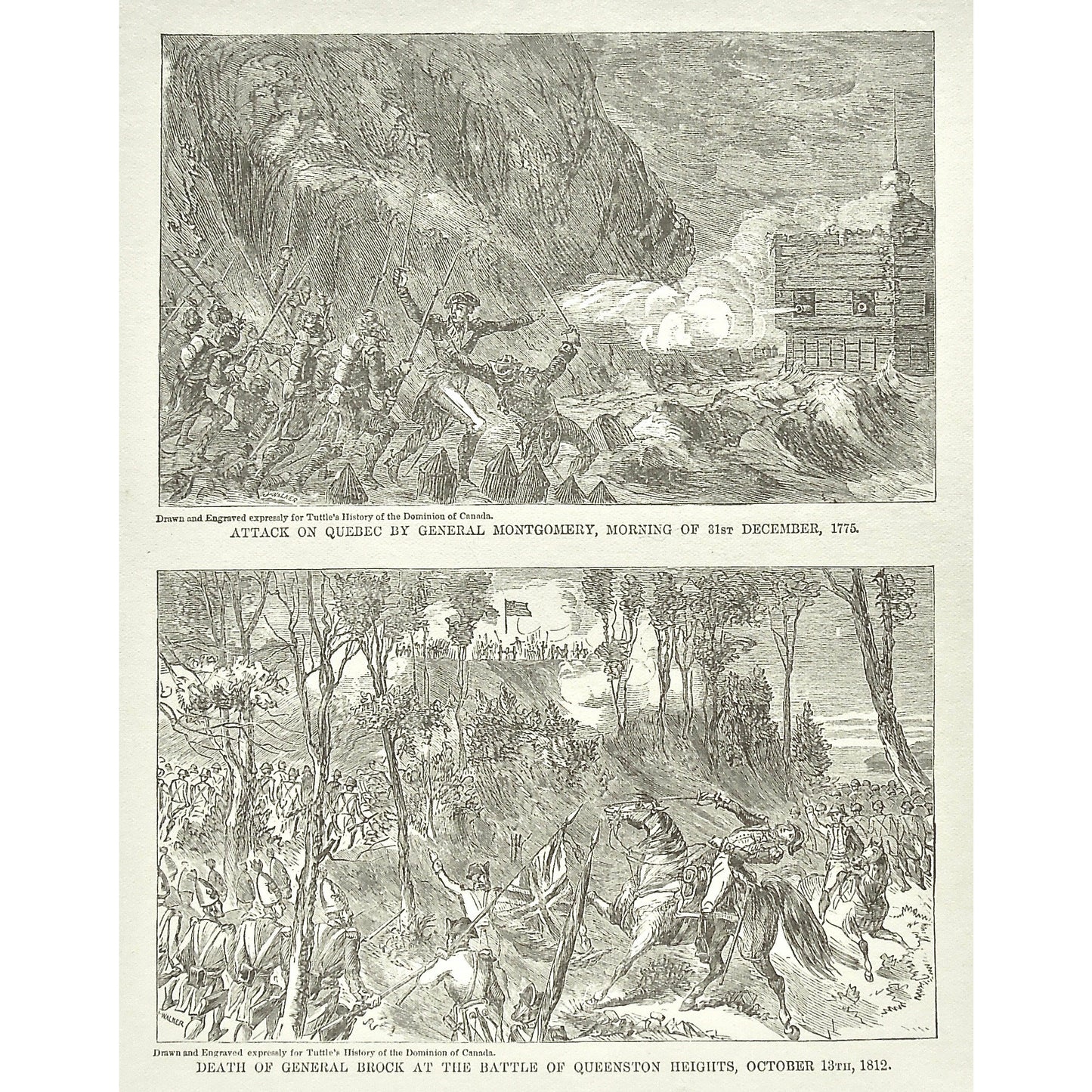 Attack on Quebec by General Montgomery, Morning of 31st December, 1775, Attack, Quebec, Gen. Montgomery, General Montgomery, December 31st, Dec. 31, Death of General Brock at the Battle of Queenstown Heights, October 13th, 1812, Death, General Brock, Gen. Brock, Battle, Battles, Battle of Queenstown Heights, Queenstown Heights, Oct. 13, War, Army, Soldiers, Troops, Battle, Battles, Fort, Weapons, Guns, Swords, Flag, British Troops, British Flag, Union Jack, English Flag, English Troops, Tuttle, Historical, 