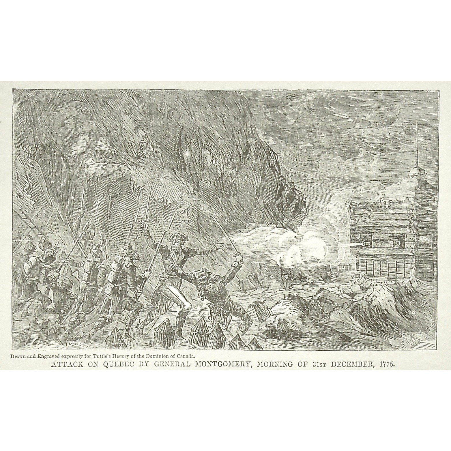 Attack on Quebec by General Montgomery, Morning of 31st December, 1775, Attack, Quebec, Gen. Montgomery, General Montgomery, December 31st, Dec. 31, War, Army, Soldiers, Troops, Battle, Battles, Fort, Weapons, Guns, Swords, British, English Troops, British Troops, Tuttle, Charles Tuttle, History of the Dominion, Popular History of the Dominion, Downie, Bigney, History, Dominion, Canada, Canadian History, Antique, Antique Print, Steel Engraving, Engraving, Prints, Printmaking, Original, Rare prints, rare art