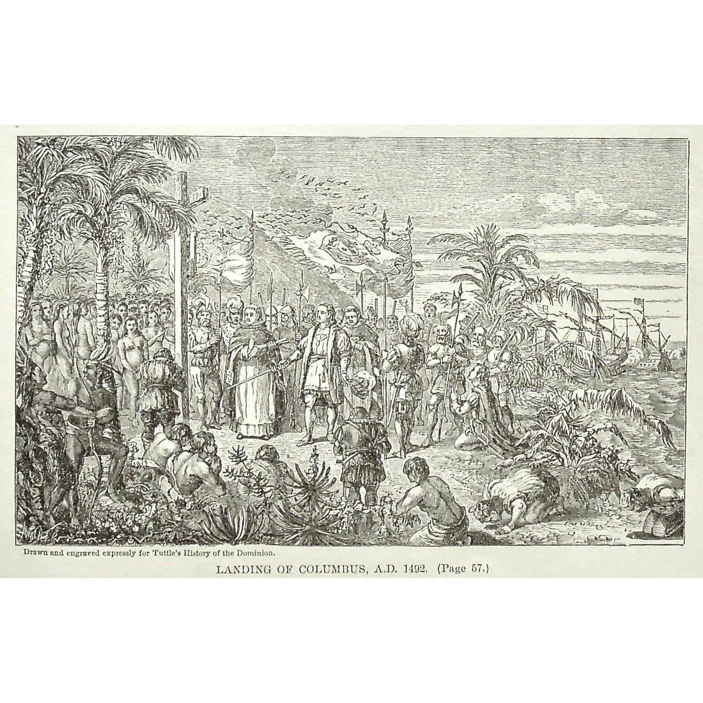 Indians, Natives, Landing of Columbus, 1492, Landing, Columbus, Christopher Columbus, Cross, Religion, Religious, Prayer, Worship, Kissing the ground, Tuttle, Charles Tuttle, History of the Dominion, Popular History of the Dominion, Downie, Bigney, History, Dominion, Canada, Canadian History, Antique, Antique Print, Steel Engraving, Engraving, Prints, Printmaking, Original, Rare prints, rare books, Wall decor, Home decor, office art, Unique, 1877, Aboriginal, American History, Historical Prints, History, 