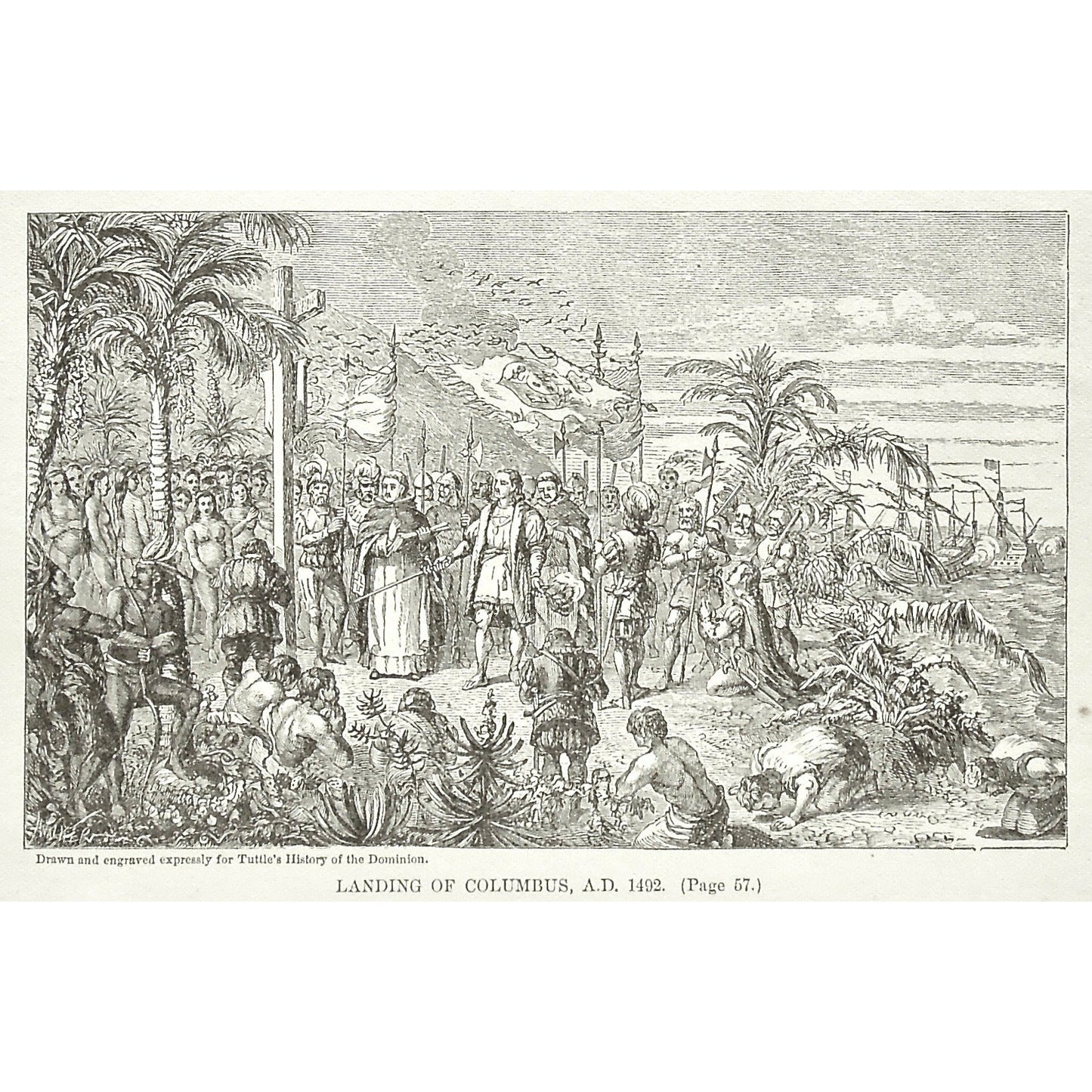 Indians, Natives, Landing of Columbus, 1492, Landing, Columbus, Christopher Columbus, Cross, Religion, Religious, Prayer, Worship, Kissing the ground, Tuttle, Charles Tuttle, History of the Dominion, Popular History of the Dominion, Downie, Bigney, History, Dominion, Canada, Canadian History, Antique, Antique Print, Steel Engraving, Engraving, Prints, Printmaking, Original, Rare prints, rare books, Wall decor, Home decor, office art, Unique, 1877, Historical Prints, Historical Events, American History, arts