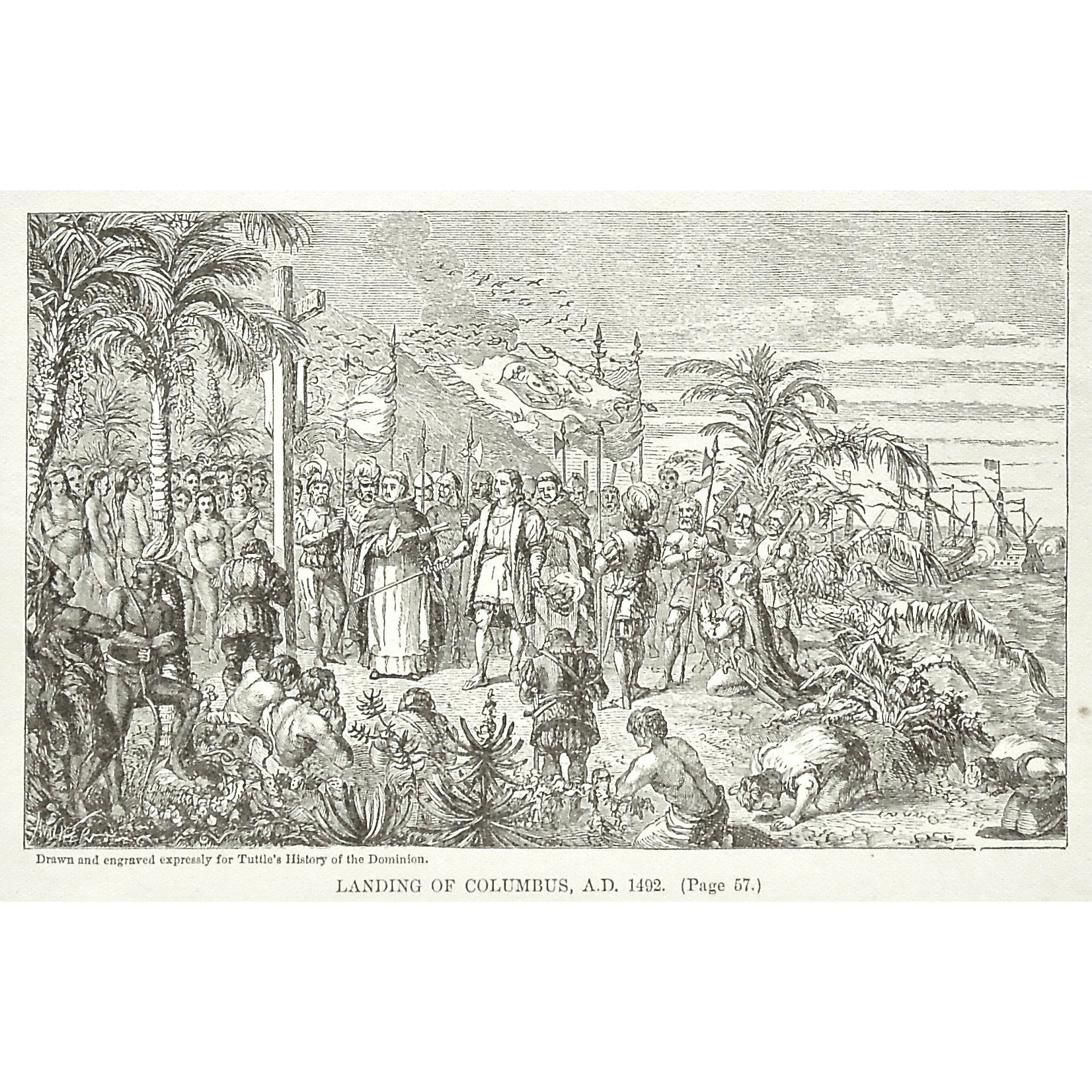 Indians, Natives, Landing of Columbus, 1492, Landing, Columbus, Christopher Columbus, Cross, Religion, Religious, Prayer, Worship, Kissing the ground, Tuttle, Charles Tuttle, History of the Dominion, Popular History of the Dominion, Downie, Bigney, History, Dominion, Canada, Canadian History, Antique, Antique Print, Steel Engraving, Engraving, Prints, Printmaking, Original, Rare prints, rare books, Wall decor, Home decor, office art, Unique, 1877, Historical Prints, Historical Events, American History, arts