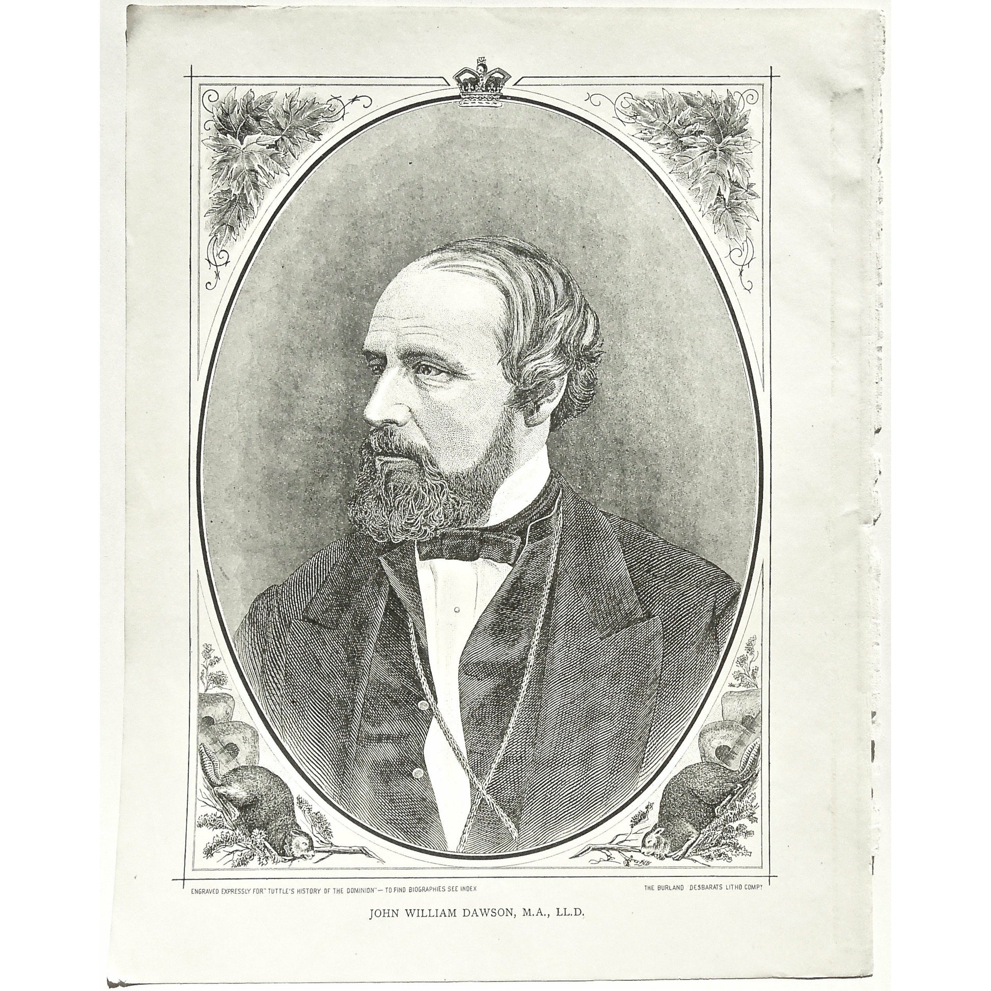 John William Dawson, M.A., L.L.D., Dawson, J. W. Dawson, Portrait, Portraits, Portraiture, Tuttle, Charles Tuttle, History of the Dominion, Popular History of the Dominion, Downie, Bigney, History, Dominion, Canada, Canadian History, Antique, Antique Print, Steel Engraving, Engraving, Prints, Printmaking, Original, Rare prints, rare books, Wall decor, Home decor, office art, Unique, 1877, Historical Figures, Black and White, Art History, Interior Decor, office Art, Home decor, Design, Costume, Dress, Arts, 