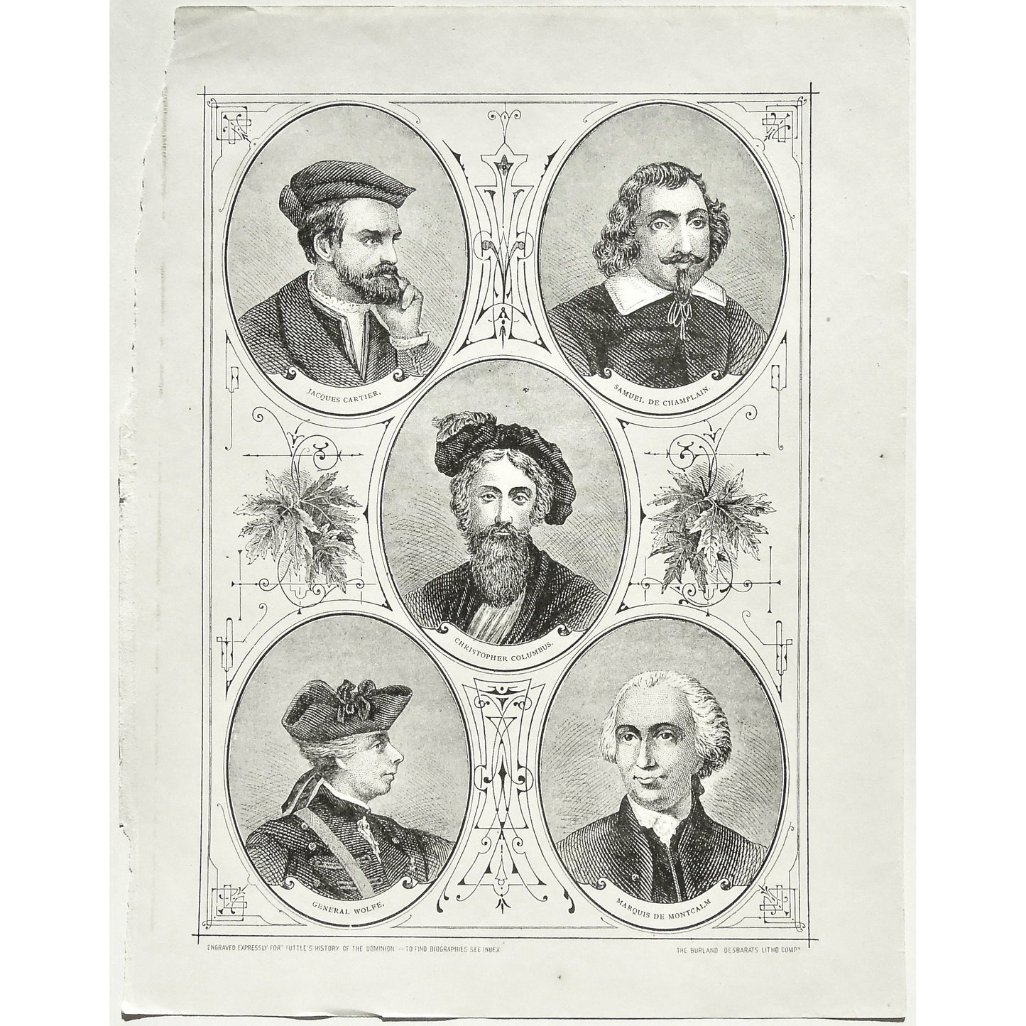 Jacques Cartier, Cartier, Champlain, De Champlain, Columbus, Wolfe, Montcalm, Marquis, Samuel De Champlain, Christopher Columbus, General Wolfe, Marquis De Montcalm, Portrait, Portraits, Portraiture, Tuttle, Charles Tuttle, History of the Dominion, Popular History of the Dominion, Downie, Bigney, History, Dominion, Canada, Canadian History, Antique, Antique Print, Steel Engraving, Engraving, Prints, Printmaking, Original, Rare prints, rare books, Wall decor, Home decor, office art, Unique, 1877, Historical