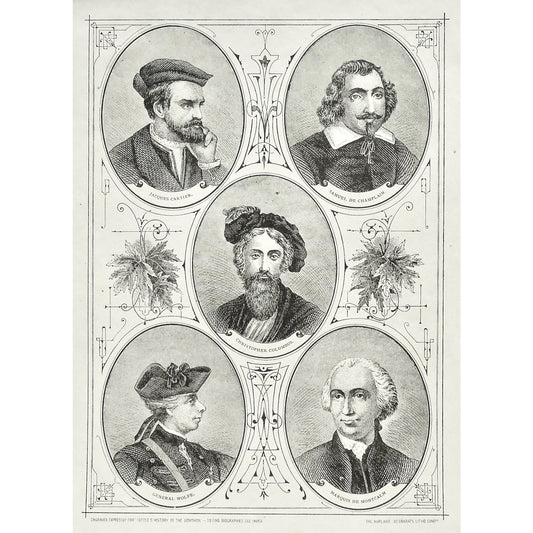 Jacques Cartier, Cartier, Champlain, De Champlain, Columbus, Wolfe, Montcalm, Marquis, Samuel De Champlain, Christopher Columbus, General Wolfe, Marquis De Montcalm, Portrait, Portraits, Portraiture, Tuttle, Charles Tuttle, History of the Dominion, Popular History of the Dominion, Downie, Bigney, History, Dominion, Canada, Canadian History, Antique, Antique Print, Steel Engraving, Engraving, Prints, Printmaking, Original, Rare prints, rare books, Wall decor, Home decor, office art, Unique, 1877, Historical 