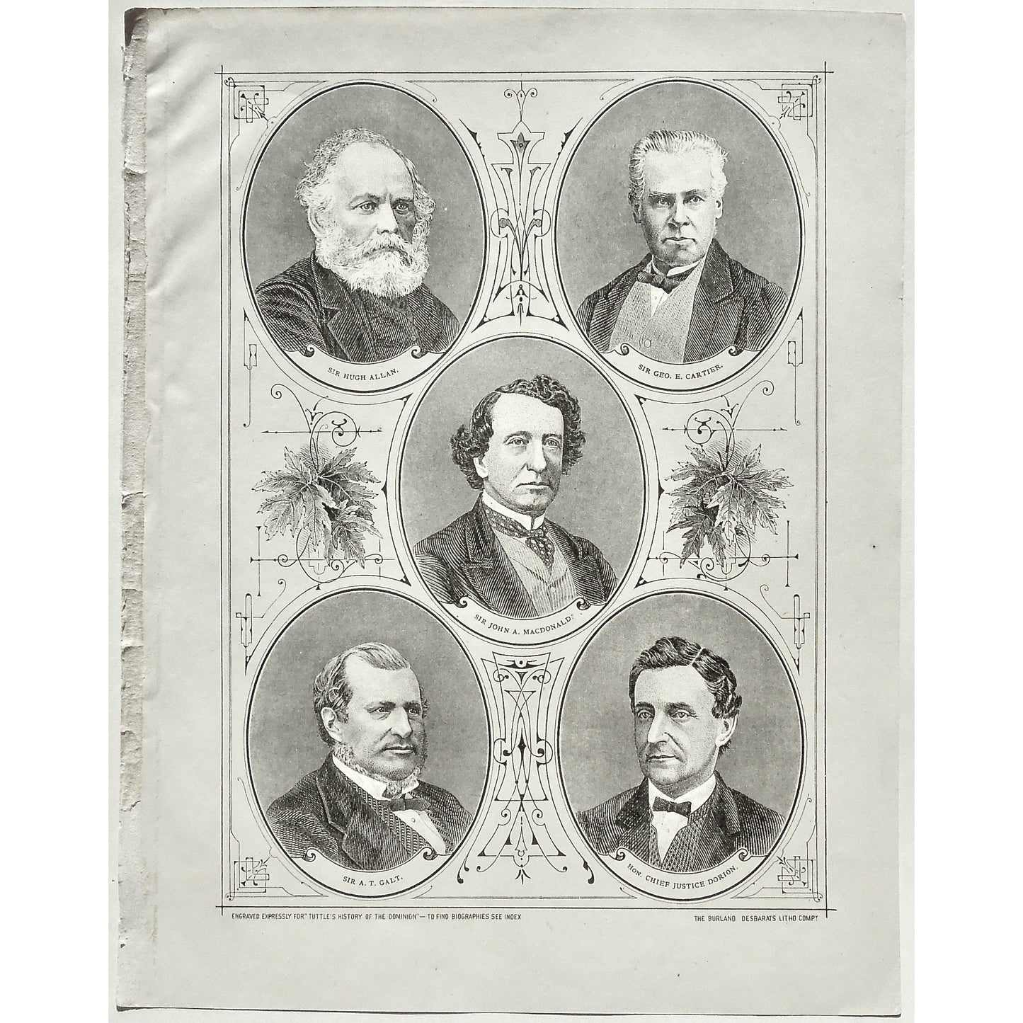 Sir Hugh Allan, Sir Geo. E. Cartier, Sir John A. Macdonald, Sir A. T. Galt, Hon. Chief Justice Dorion, Sir, Allan, Cartier, Macdonald, John A. Macdonald, Galt, Dorion, Portrait, Portraits, Portraiture, Tuttle, Charles Tuttle, History of the Dominion, Popular History of the Dominion, Downie, Bigney, History, Dominion, Canada, Canadian History, Antique, Antique Print, Steel Engraving, Engraving, Prints, Printmaking, Original, Rare prints, rare books, Wall decor, Home decor, office art, Unique, 1877, History