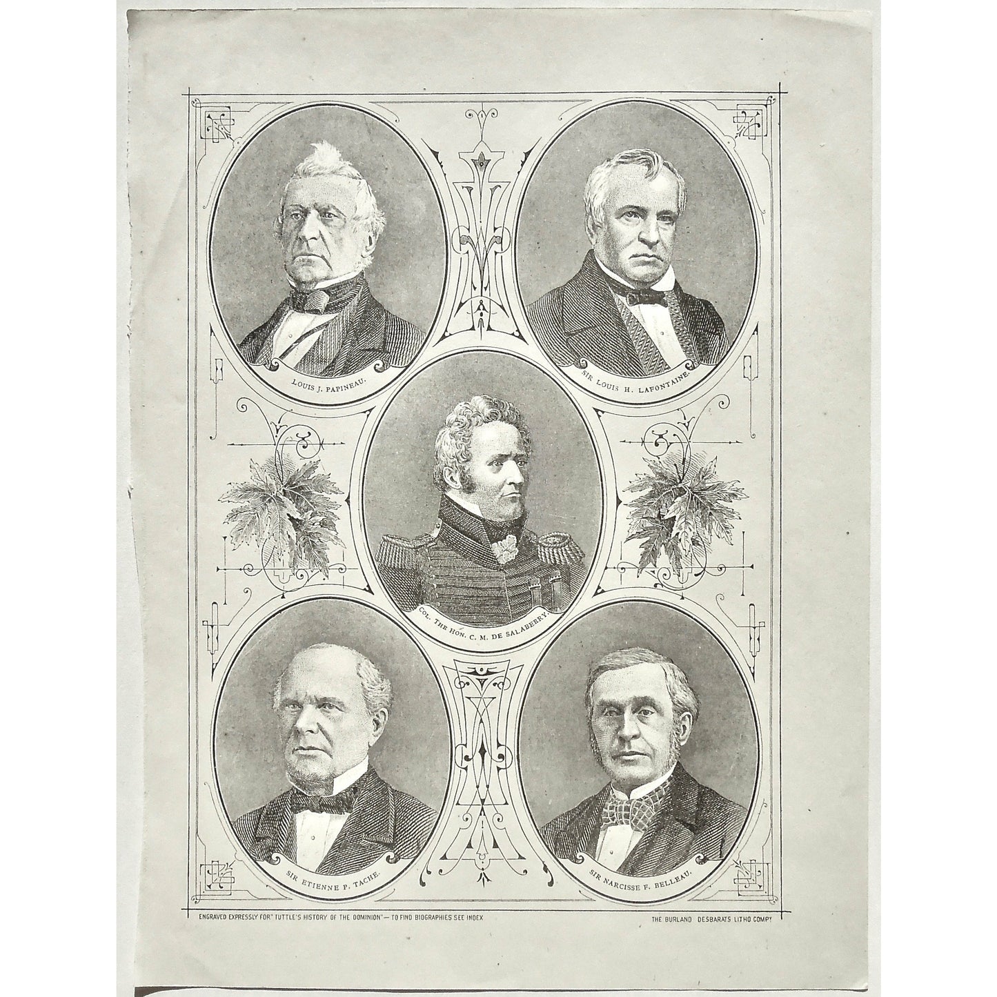 Louis J. Papineau, Sir Louis H. Lafontaine, Col. The Hon. C. M. De Salaberry, Sir Etienne P. Tache, Sir Narcisse F. Belleau, Papineau, Lafontaine, De Salaberry, Tache, Belleau, Portrait, Portraits, Portraiture, Tuttle, Charles Tuttle, History of the Dominion, Popular History of the Dominion, Downie, Bigney, History, Dominion, Canada, Canadian History, Antique, Antique Print, Steel Engraving, Engraving, Prints, Printmaking, Original, Rare prints, rare books, Wall decor, Home decor, office art, Unique, 1877,