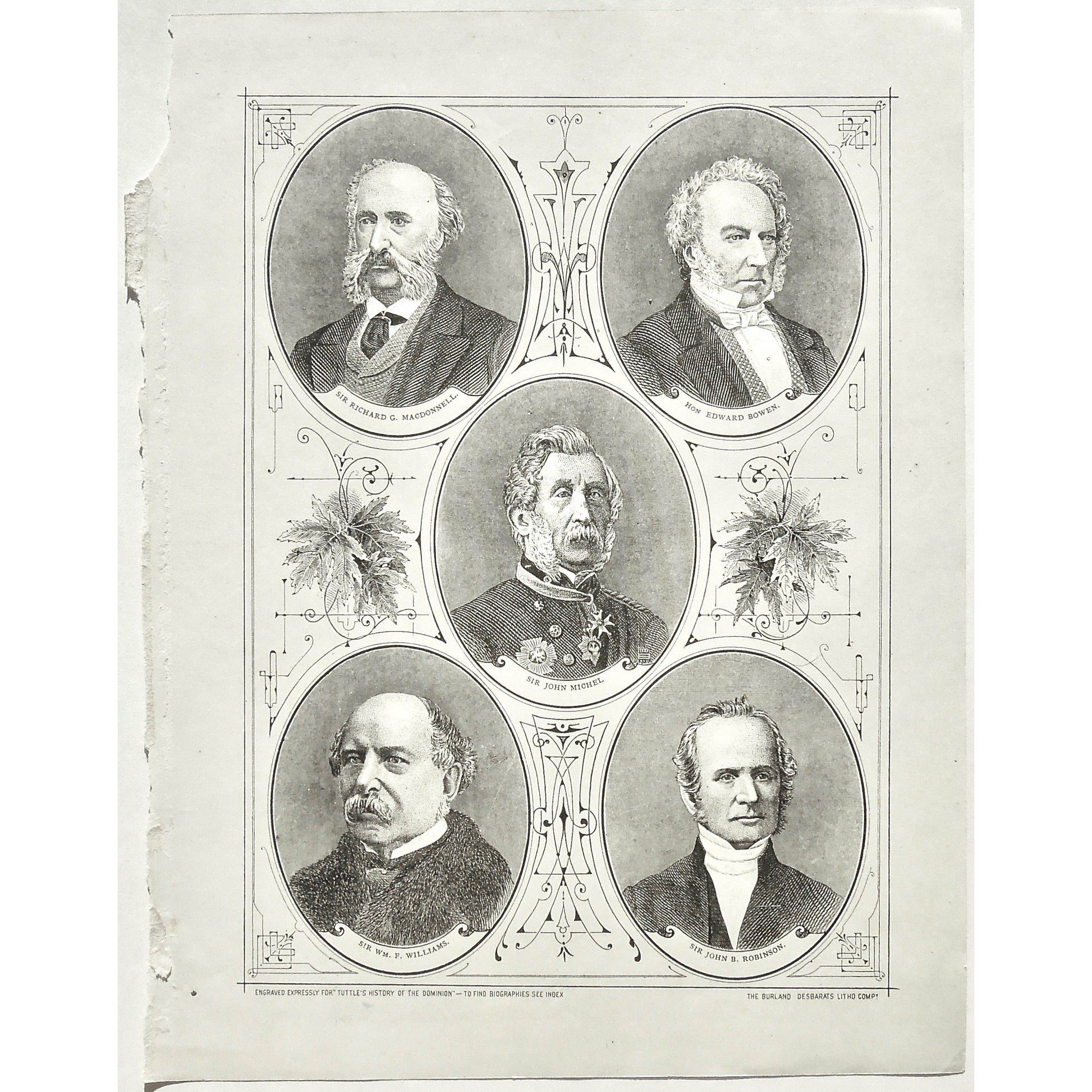 Sir Richard G. Macdonnell, Hon. Edward Bowen, Sir John Michel, Sir. Wm. F. Williams, Sir John B. Robinson, Macdonnell, Bowen, Michel, Williams, Robinson, Portrait, Portraits, Portraiture, Tuttle, Charles Tuttle, History of the Dominion, Popular History of the Dominion, Downie, Bigney, History, Dominion, Canada, Canadian History, Antique, Antique Print, Steel Engraving, Engraving, Prints, Printmaking, Original, Rare prints, rare books, Wall decor, Home decor, office art, Unique, 1877, Historical Prints, arts