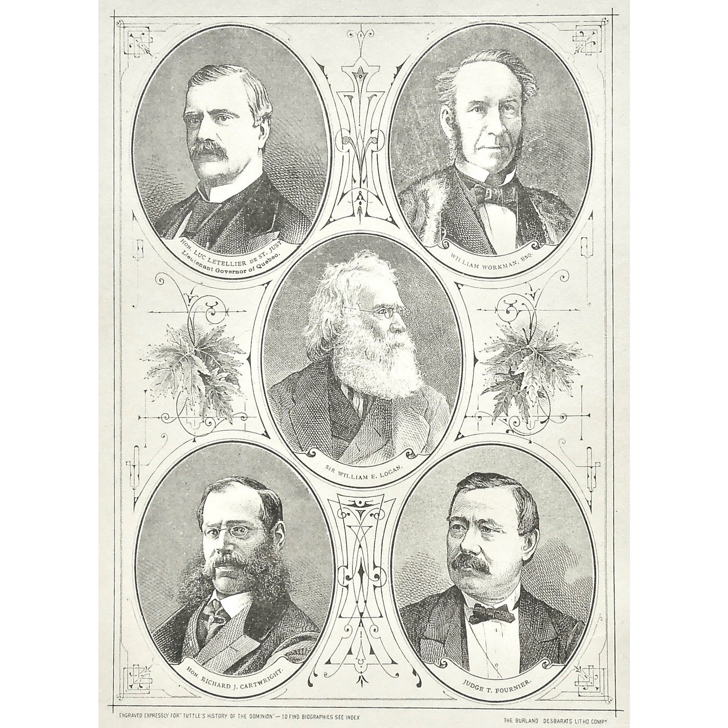 Hon. Luc Letellier De St. Just, Lieutenant Governor of Quebec, William Workman, Esq, Sir William E. Logan, Hon. Richard J. Cartwright, Judge T. Fournier, Letellier, Lieutenant Governor, Quebec, Workman, Logan, Cartwright, Judge, Honorable, Fournier, Portrait, Portraits, Portraiture, Tuttle, Charles Tuttle, History of the Dominion, Popular History of the Dominion, Downie, Bigney, History, Dominion, Canada, Canadian History, Antique, Antique Print, Steel Engraving, Engraving, Prints, Printmaking, Original, 