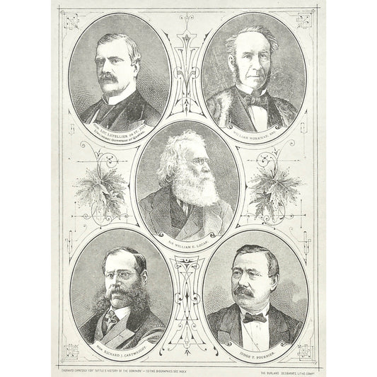 Hon. Luc Letellier De St. Just, Lieutenant Governor of Quebec, William Workman, Esq, Sir William E. Logan, Hon. Richard J. Cartwright, Judge T. Fournier, Letellier, Lieutenant Governor, Quebec, Workman, Logan, Cartwright, Judge, Honorable, Fournier, Portrait, Portraits, Portraiture, Tuttle, Charles Tuttle, History of the Dominion, Popular History of the Dominion, Downie, Bigney, History, Dominion, Canada, Canadian History, Antique, Antique Print, Steel Engraving, Engraving, Prints, Printmaking, Original, 