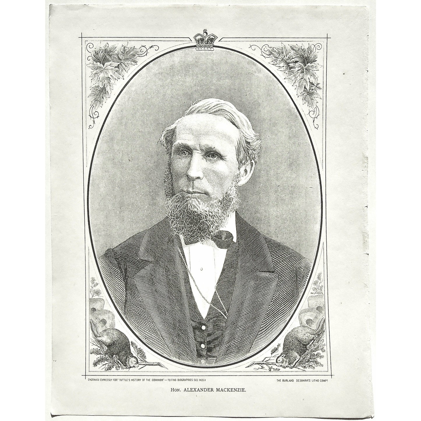 Hon. Alexander Mackenzie, Honorable, Mackenzie, Portrait, Portraits, Portraiture, Tuttle, Charles Tuttle, History of the Dominion, Popular History of the Dominion, Downie, Bigney, History, Dominion, Canada, Canadian History, Antique, Antique Print, Steel Engraving, Engraving, Prints, Printmaking, Original, Rare prints, rare books, Wall decor, Home decor, office art, Unique, 1877, Historical Figures, Vintage, Design, Black and White, Art History, Office decor, Wall art, old prints, old Canada, Canadian, Arts