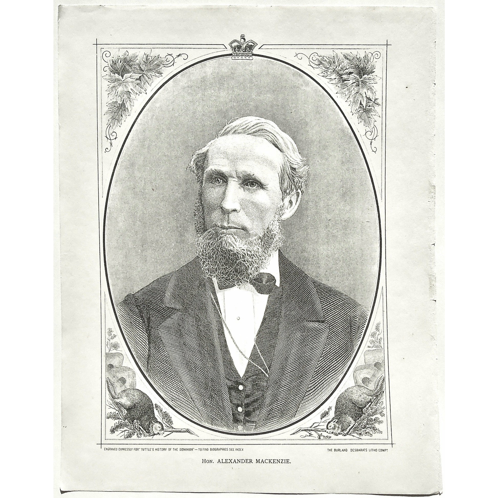 Hon. Alexander Mackenzie, Honorable, Mackenzie, Portrait, Portraits, Portraiture, Tuttle, Charles Tuttle, History of the Dominion, Popular History of the Dominion, Downie, Bigney, History, Dominion, Canada, Canadian History, Antique, Antique Print, Steel Engraving, Engraving, Prints, Printmaking, Original, Rare prints, rare books, Wall decor, Home decor, office art, Unique, 1877, Historical Figures, Vintage, Design, Black and White, Art History, Office decor, Wall art, old prints, old Canada, Canadian, Arts