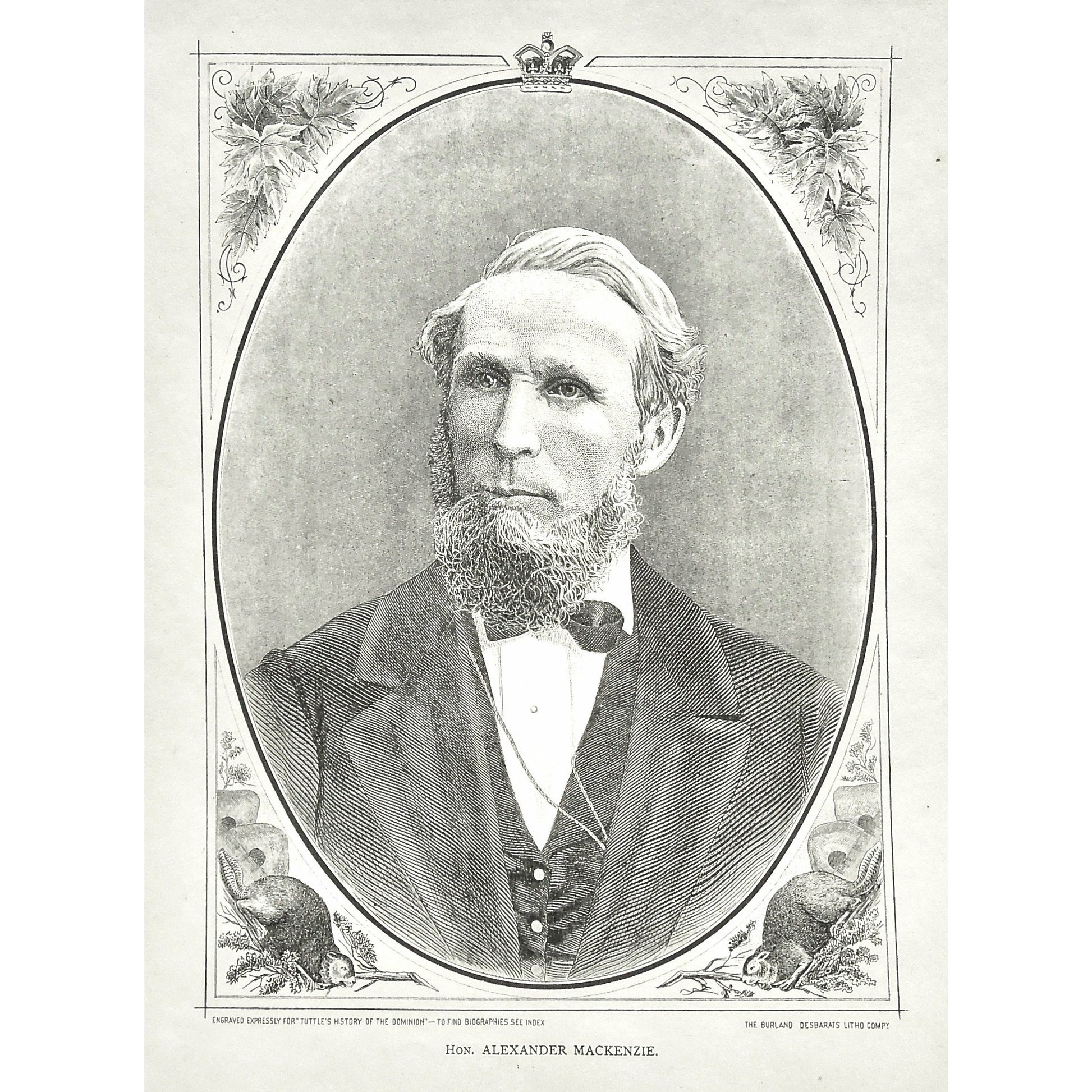 Hon. Alexander Mackenzie, Honorable, Mackenzie, Portrait, Portraits, Portraiture, Tuttle, Charles Tuttle, History of the Dominion, Popular History of the Dominion, Downie, Bigney, History, Dominion, Canada, Canadian History, Antique, Antique Print, Steel Engraving, Engraving, Prints, Printmaking, Original, Rare prints, rare books, Wall decor, Home decor, office art, Unique, 1877, Historical Figures, Vintage, Design, Black and White, Art History, Office decor, Wall art, old prints, old Canada, Canadian, Arts