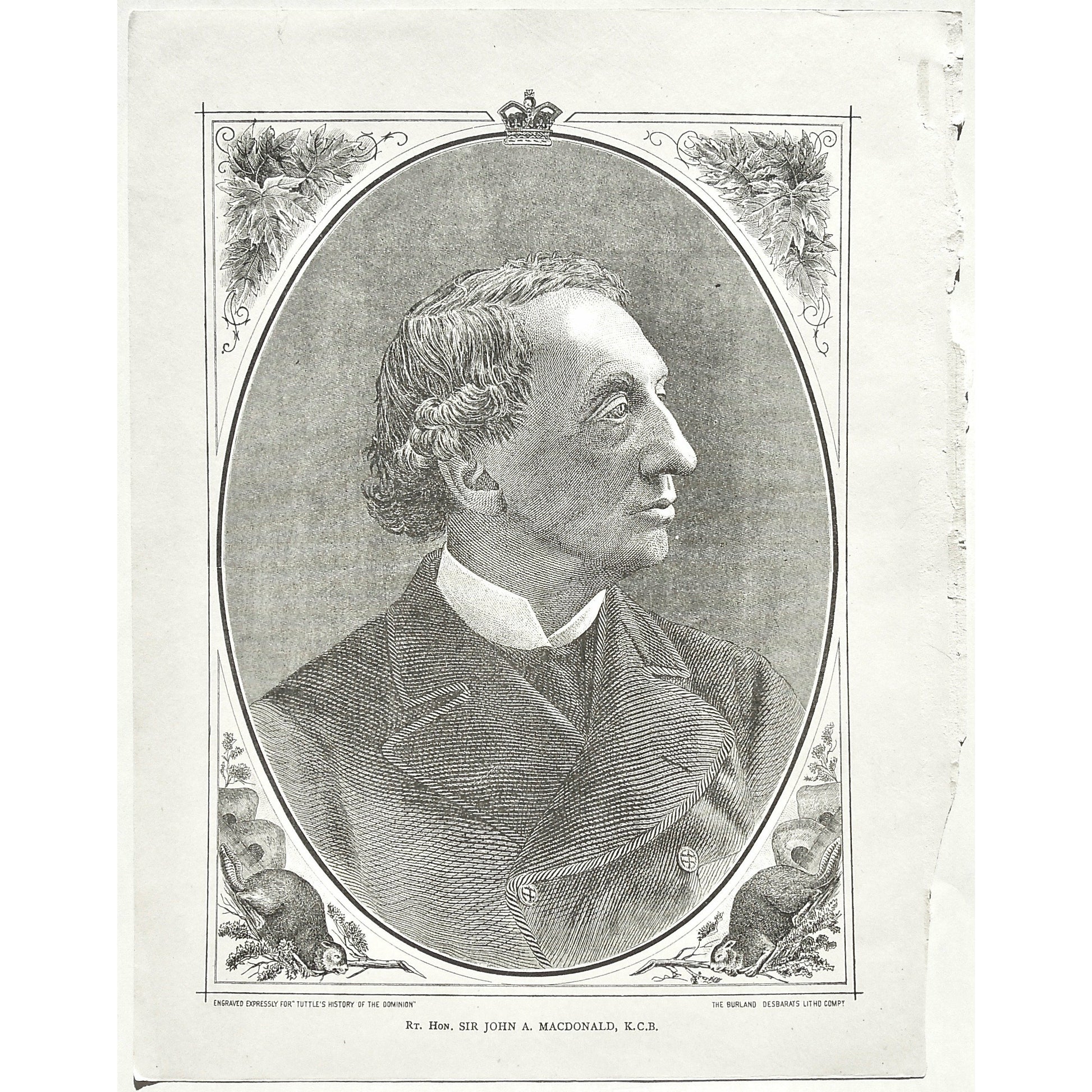 Rt. Hon. Sir John A. Macdonald, K. C. B., Right Honorable, John A. Macdonald, Macdonald, Portrait, Portraits, Portraiture, Tuttle, Charles Tuttle, History of the Dominion, Popular History of the Dominion, Downie, Bigney, History, Dominion, Canada, Canadian History, Antique, Antique Print, Steel Engraving, Engraving, Prints, Printmaking, Original, Rare prints, rare books, Wall decor, Home decor, office art, Unique, 1877, Historical Figures, Vintage, Design, Black and White, Art History, Office decor, Walls