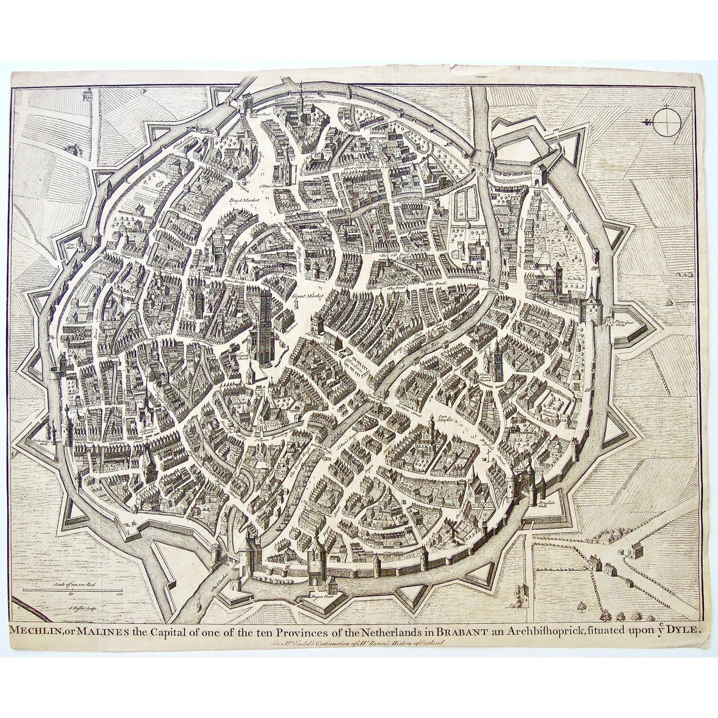 Map, Maps, Mappe, Town Plan, Mechlin, Malines, capitol, Ten provinces of the Netherlands, Netherlands, Ten provinces, Brabant, Archbishop, Archbishoprick, Dyle, Tindal, Rapin's History of England, Mr. Tindal's Continuation of Mr. Rapin's History of England, Rapin, History of England, Black sisters, Necker Pool Gate, Hoogstraten House, Stocks Street, Court House, St. Peter's Church, Jesuits, Beast Market, Bicyrel House, Ben-Ham, Rosendael Convent, Palace of Nassau, Hog Street, Turf Street, Long Hay Market,