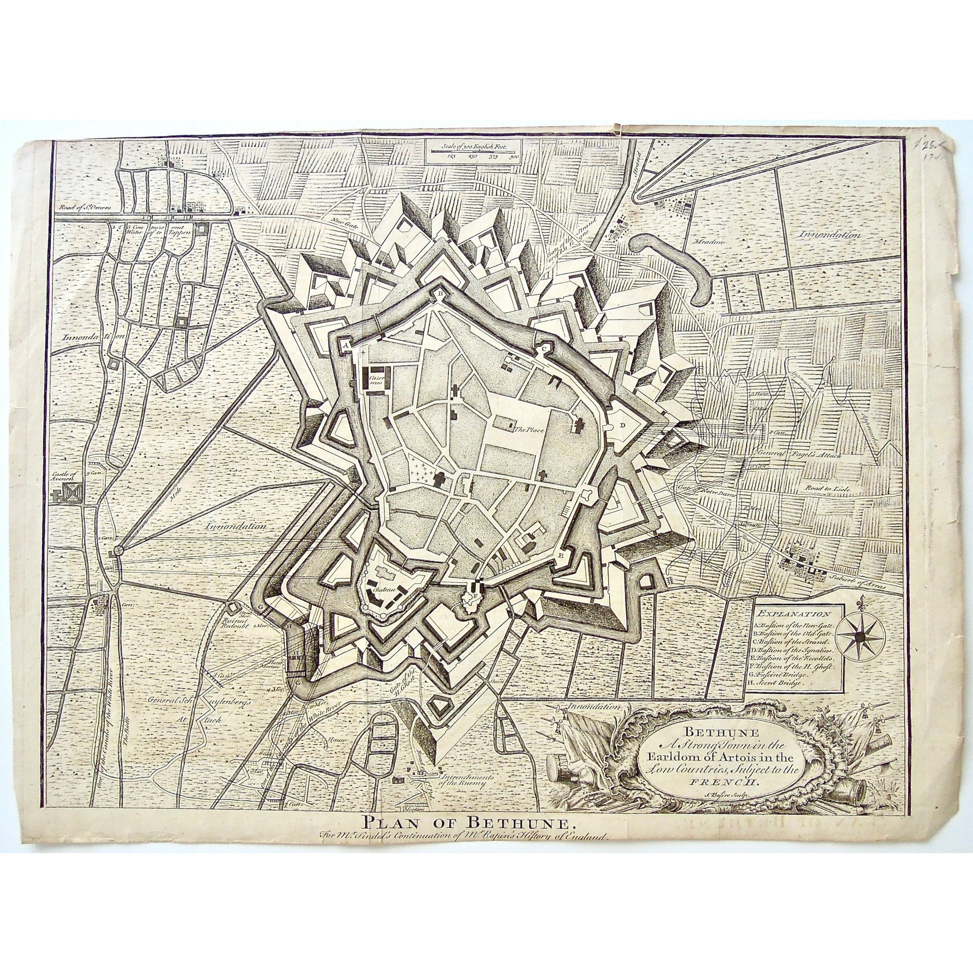 Plan of Bethune, Plan, City Plan, Bethune, Tindal, Rapin's, History of England, Mr. Tindal's Continuation of Mr. Rapin's History of England, Map, Maps, Mapping, Town, Town Plan, Palace, Stand, Meadow, Innondation, La vigne, Gate of the Strand, New Gate, Road of St. Omers, Coupuzeomt, Water of the Tappen, Castle of Avenen, Castle, Avenen, White River, Cannals, Mote, Ruined Redoubt, Biett, Hand Morters, General Schuylenberg's Attack, General Schuylenberg, Hauw, Gate of the H. Ghost, Gate of the House Ghost, 